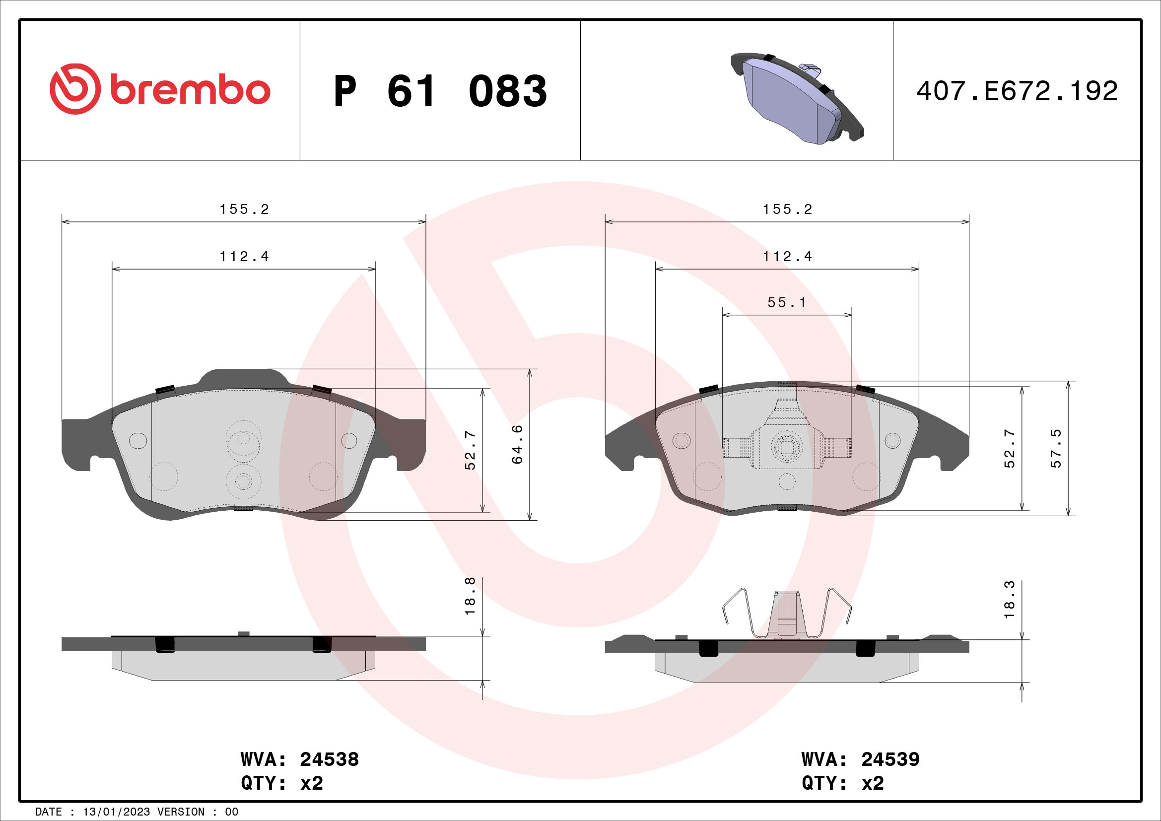 Kit pastiglie freno, Freno a disco - P 61 083 BREMBO