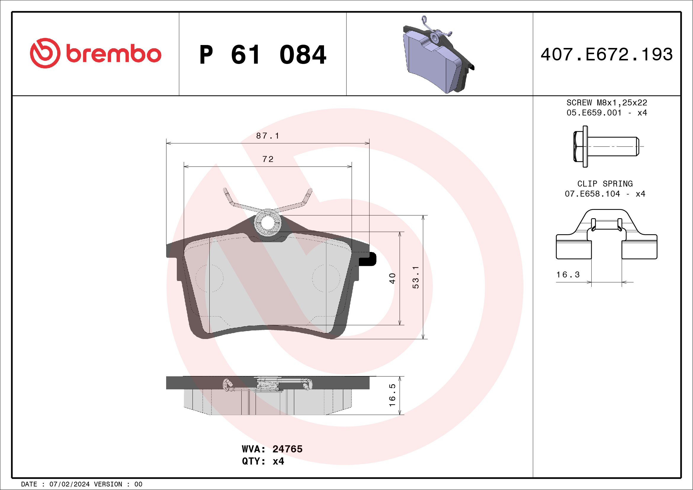 Brake Pad Set, disc brake - P 61 084 BREMBO