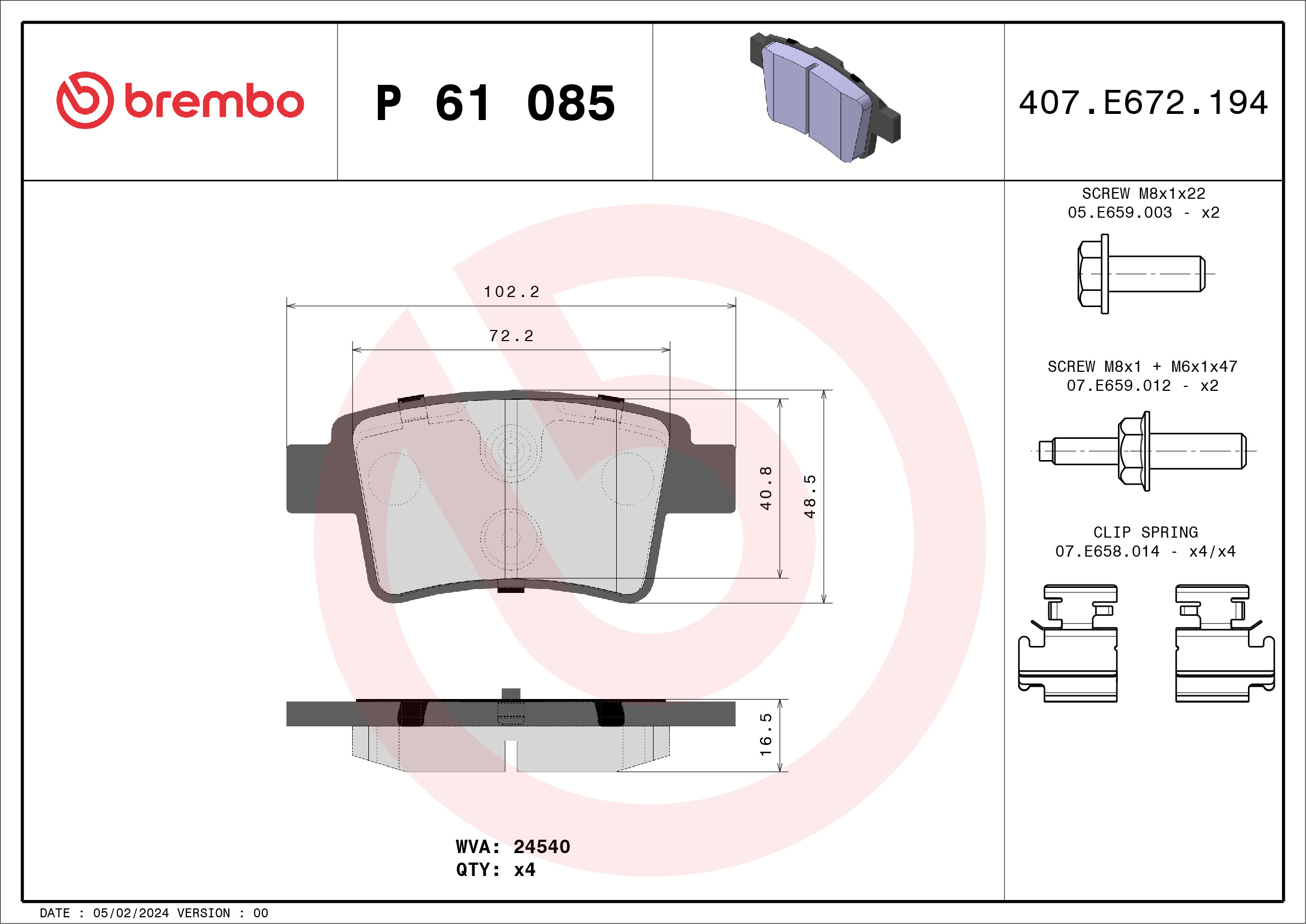 Комплект тормозных колодок, дисковый тормоз - P 61 085 BREMBO