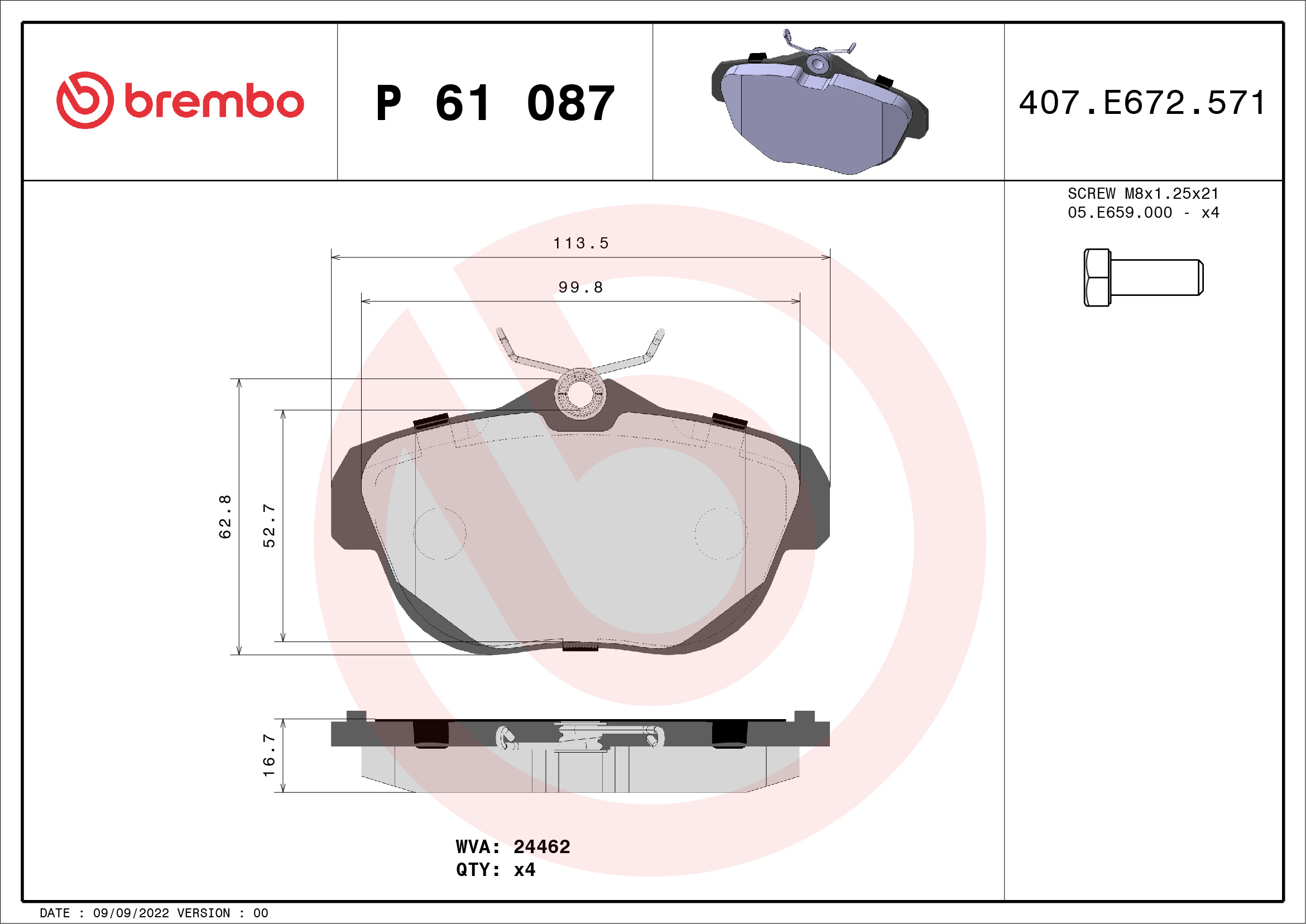 Kit pastiglie freno, Freno a disco - P 61 087 BREMBO