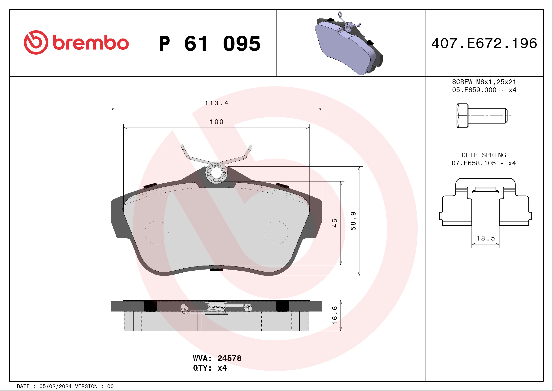 Brake Pad Set, disc brake - P 61 095 BREMBO