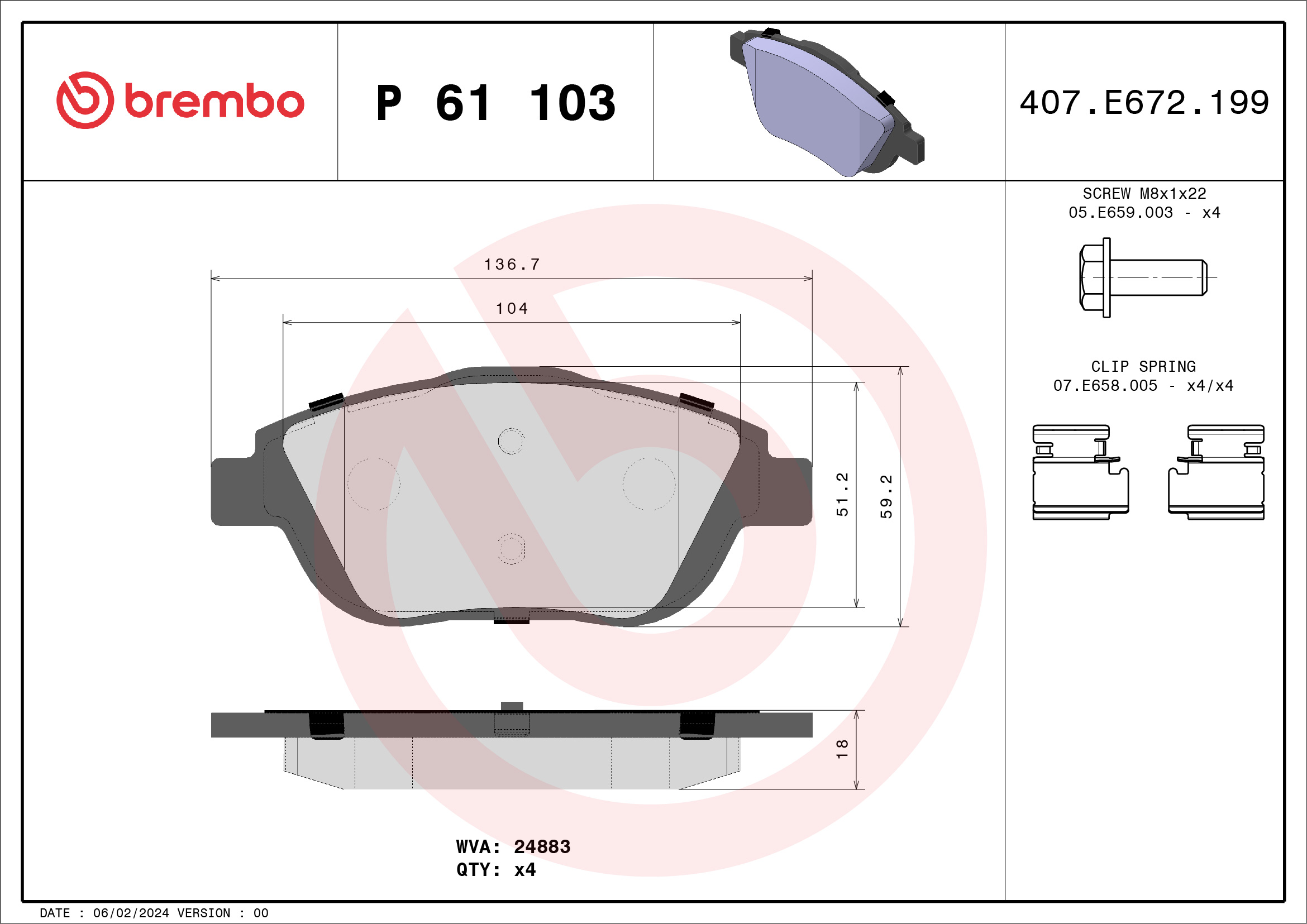 Bremsbelagsatz, Scheibenbremse - P 61 103 BREMBO