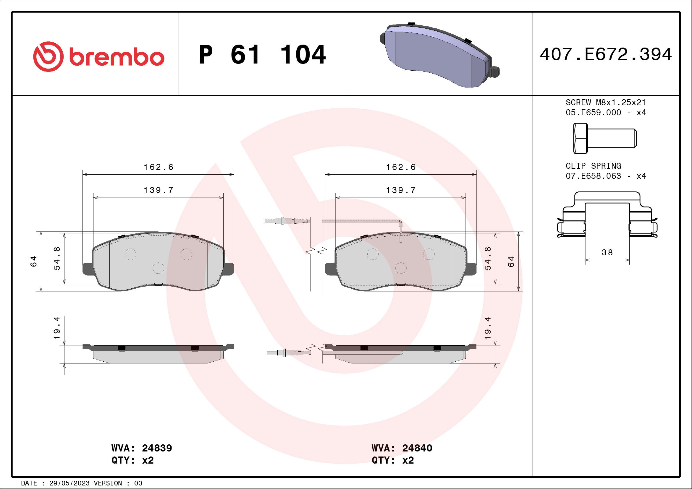 Brake Pad Set, disc brake - P 61 104 BREMBO