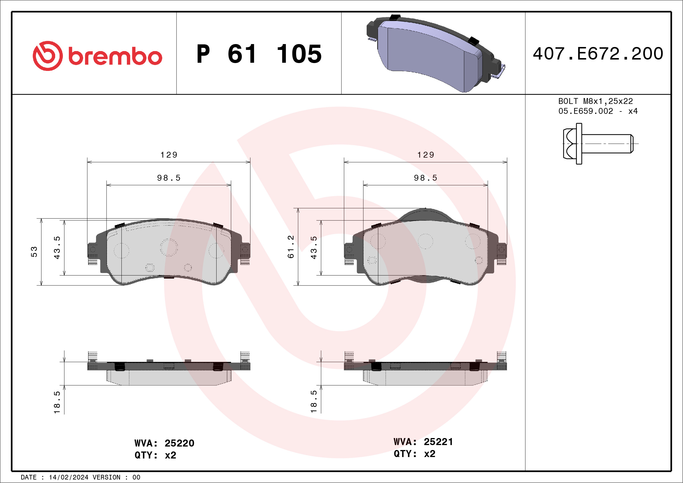 Brake Pad Set, disc brake - P 61 105 BREMBO