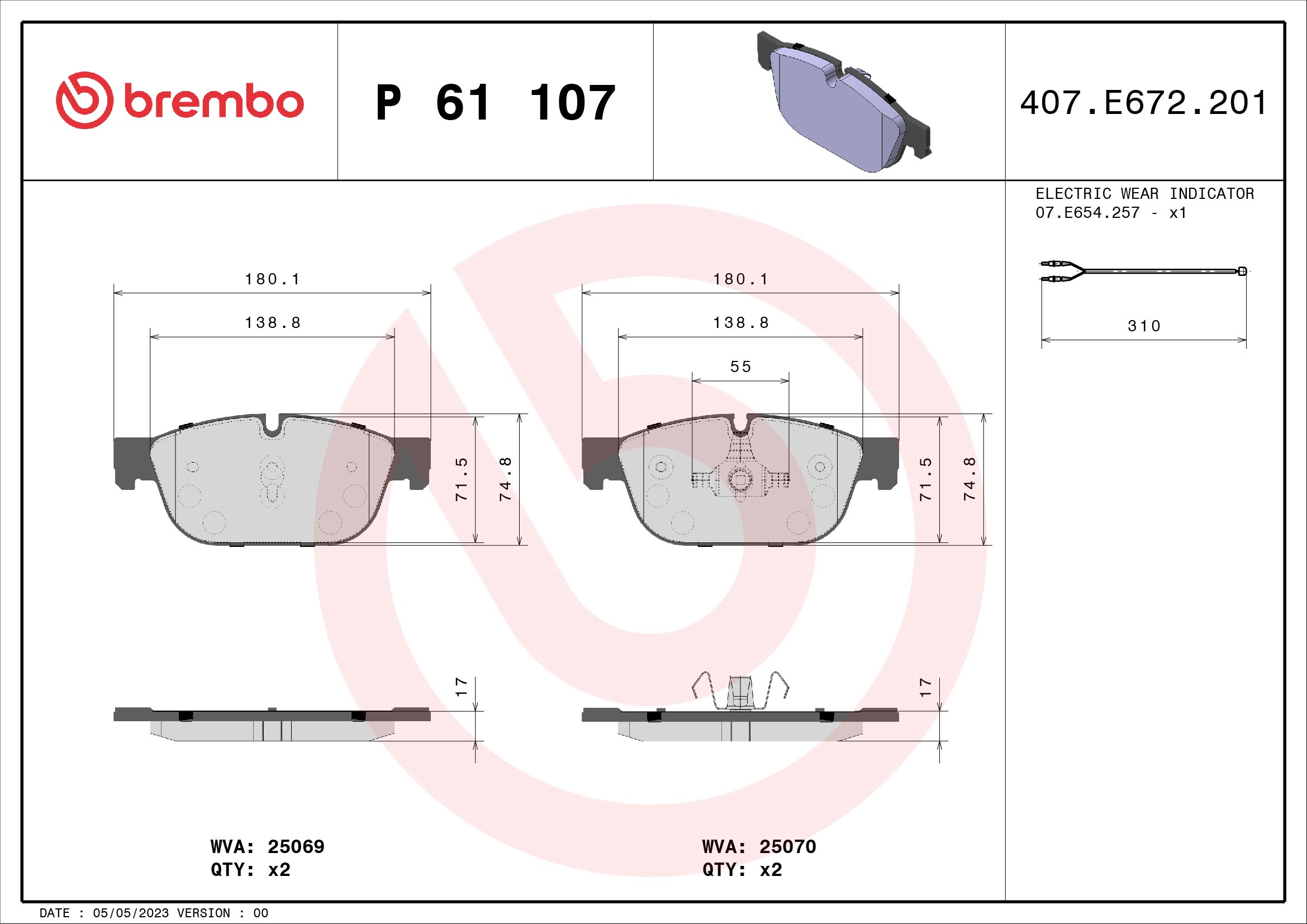 Brake Pad Set, disc brake - P 61 107 BREMBO