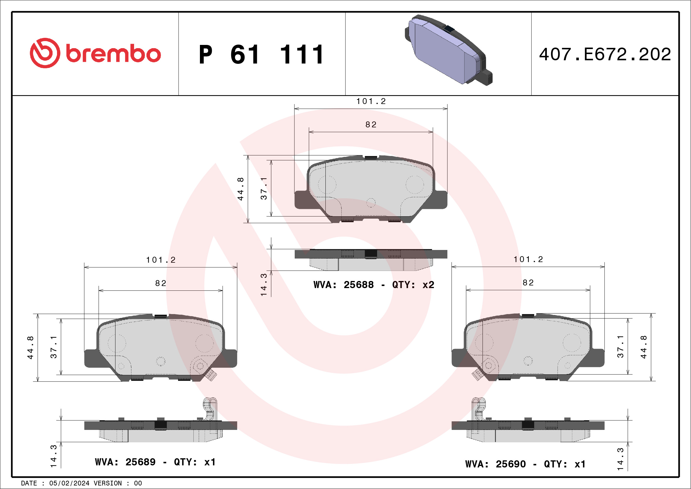 Комплект тормозных колодок, дисковый тормоз - P 61 111 BREMBO