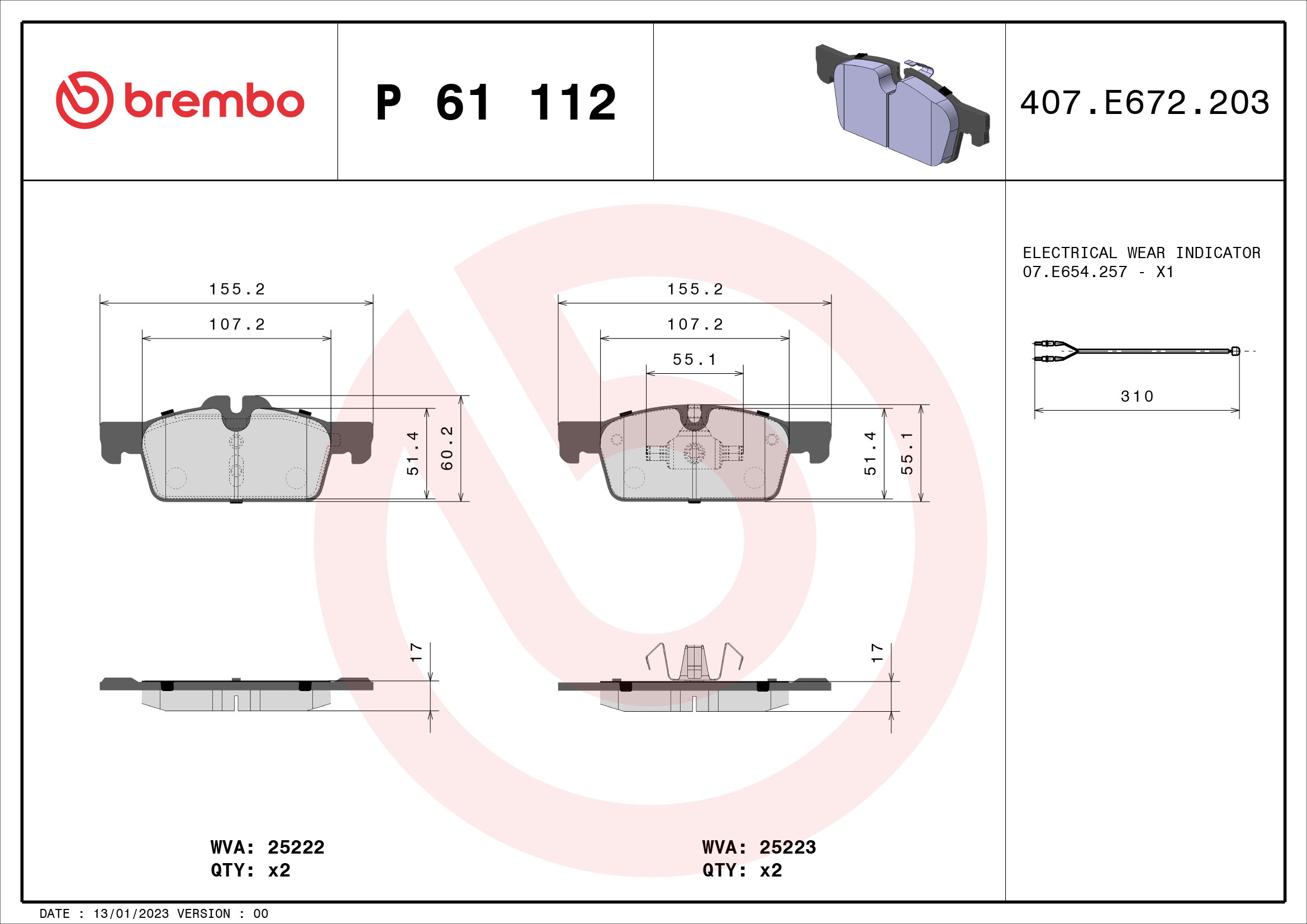Brake Pad Set, disc brake - P 61 112 BREMBO