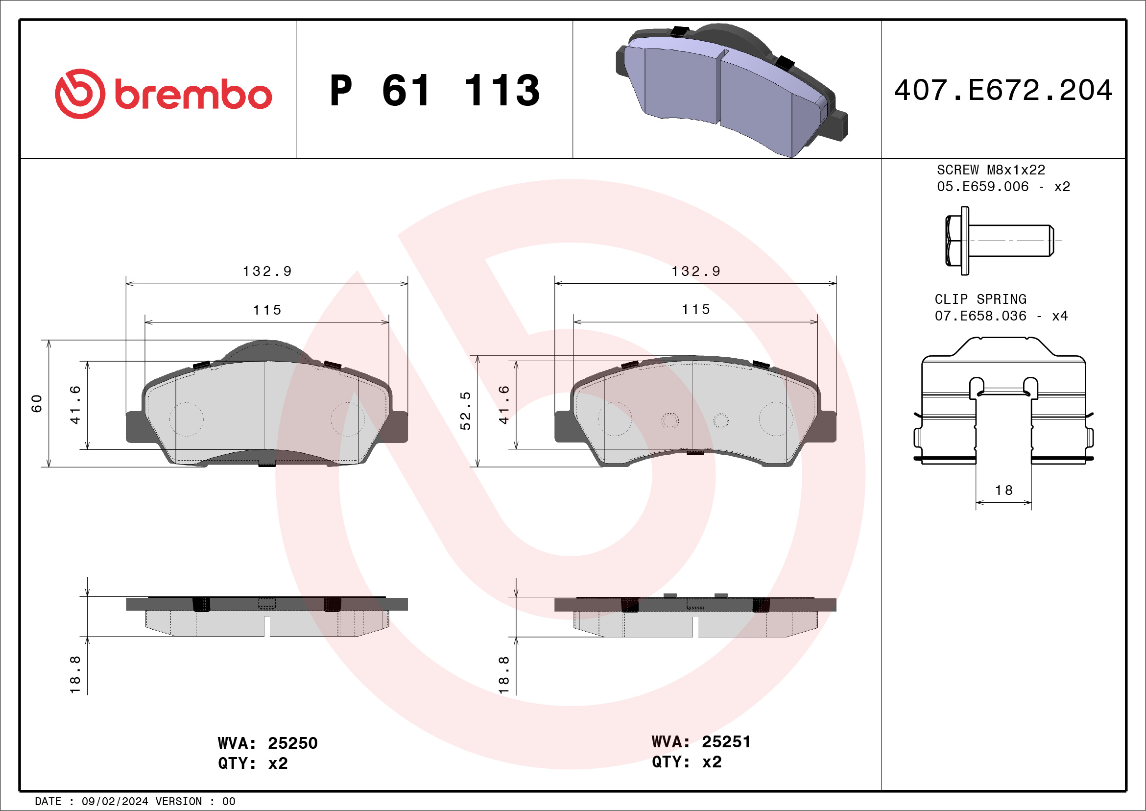 Brake Pad Set, disc brake - P 61 113 BREMBO