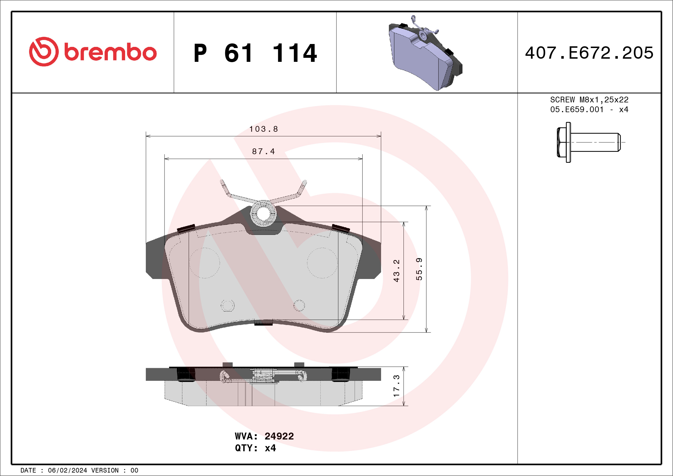 Brake Pad Set, disc brake - P 61 114 BREMBO