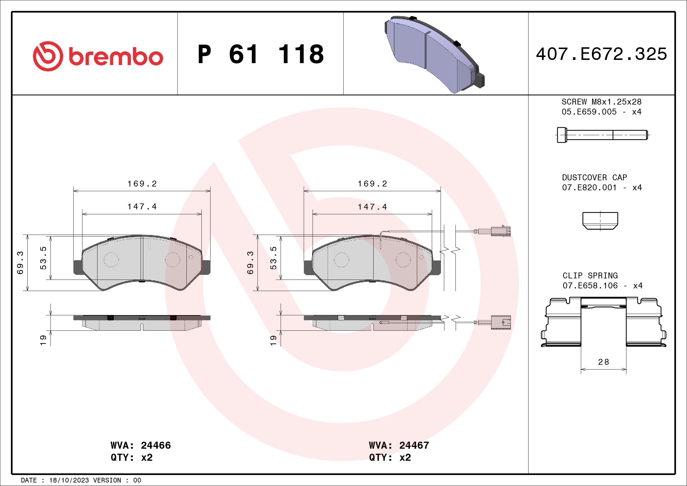 Brake Pad Set, disc brake - P 61 118 BREMBO