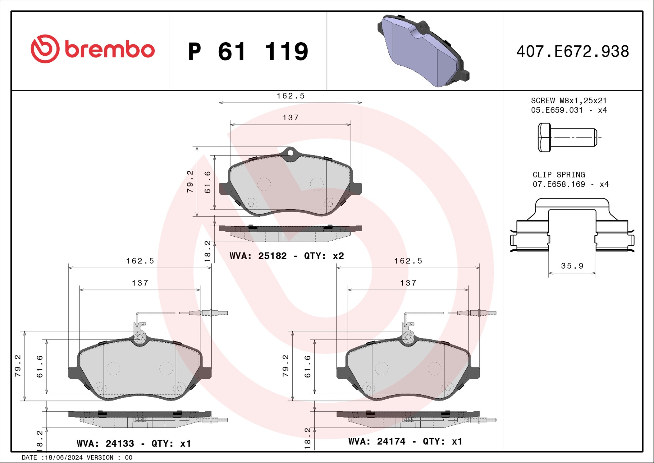 Kit pastiglie freno, Freno a disco - P 61 119 BREMBO