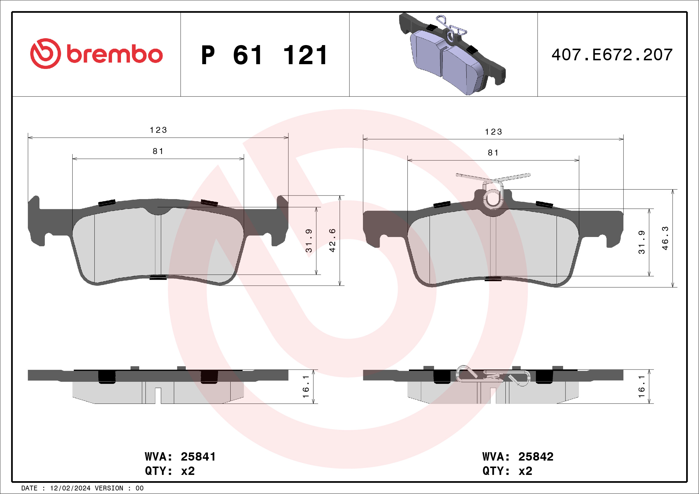 stabdžių trinkelių rinkinys, diskinis stabdys - P 61 121 BREMBO