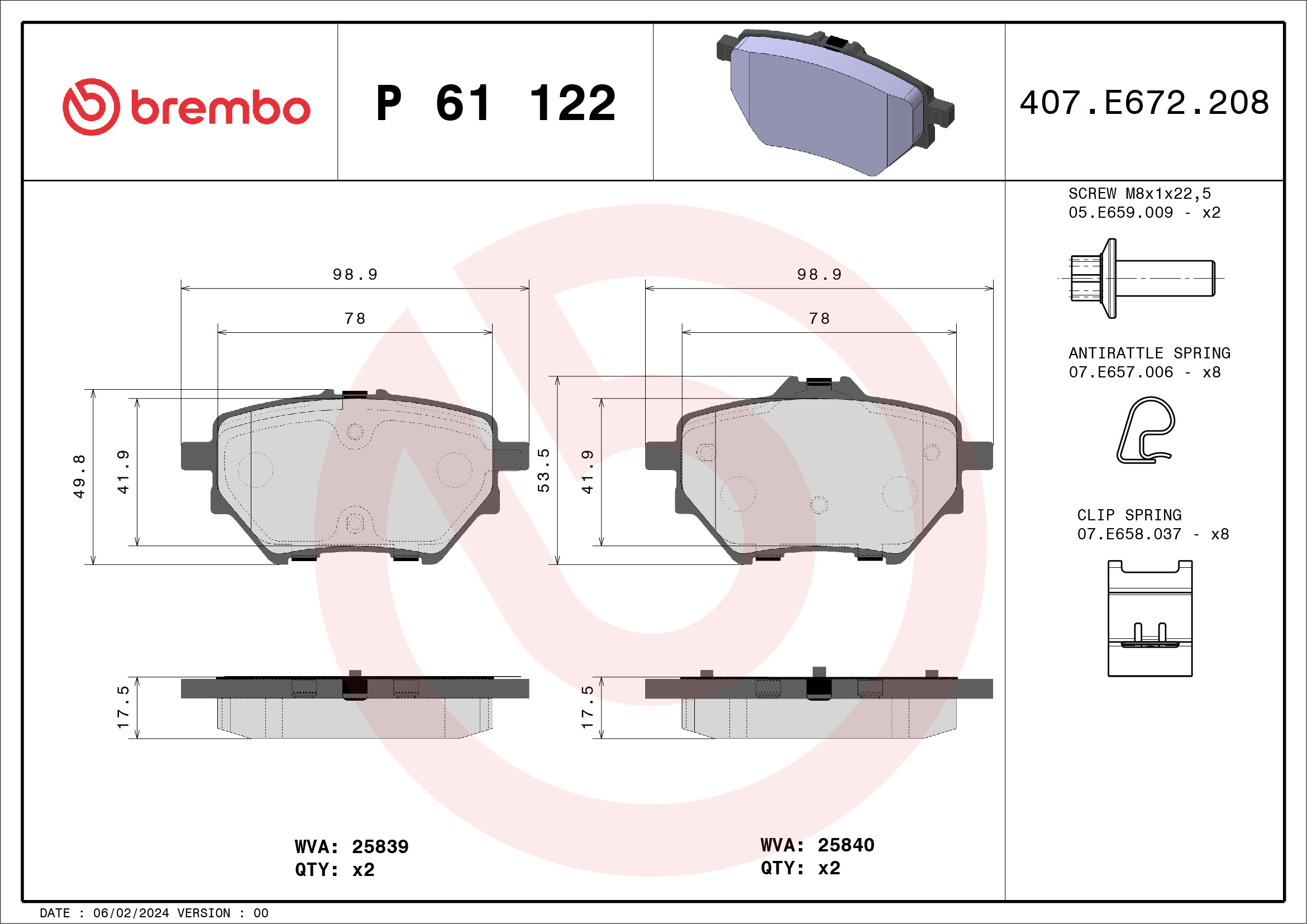 Brake Pad Set, disc brake - P 61 122 BREMBO