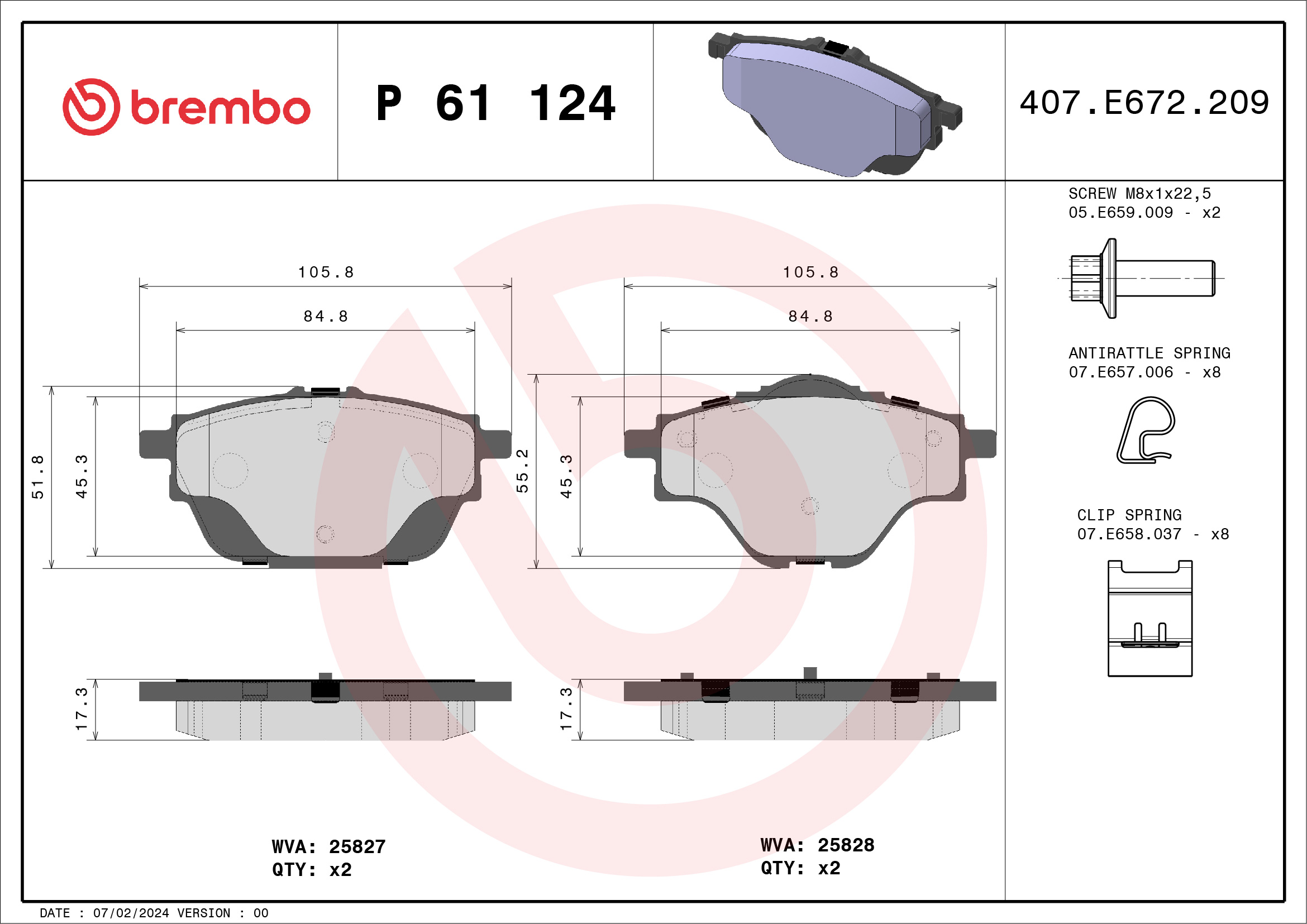 Brake Pad Set, disc brake - P 61 124 BREMBO