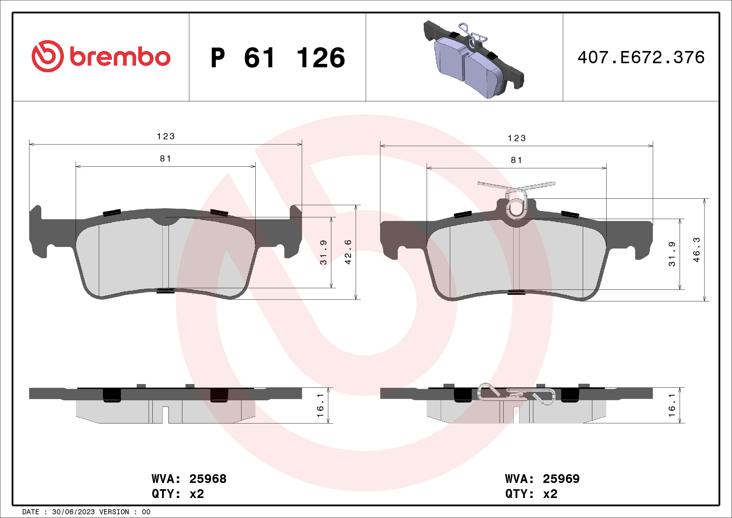 Brake Pad Set, disc brake - P 61 126 BREMBO