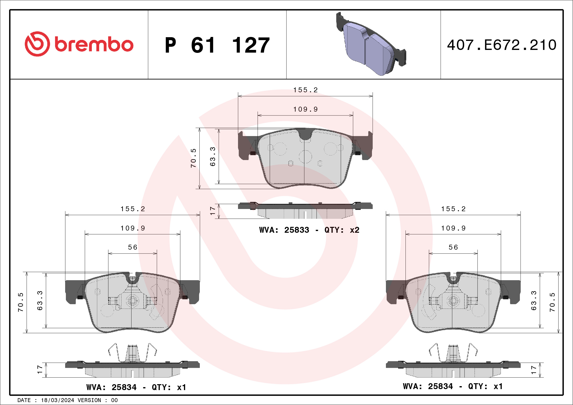 Brake Pad Set, disc brake - P 61 127 BREMBO