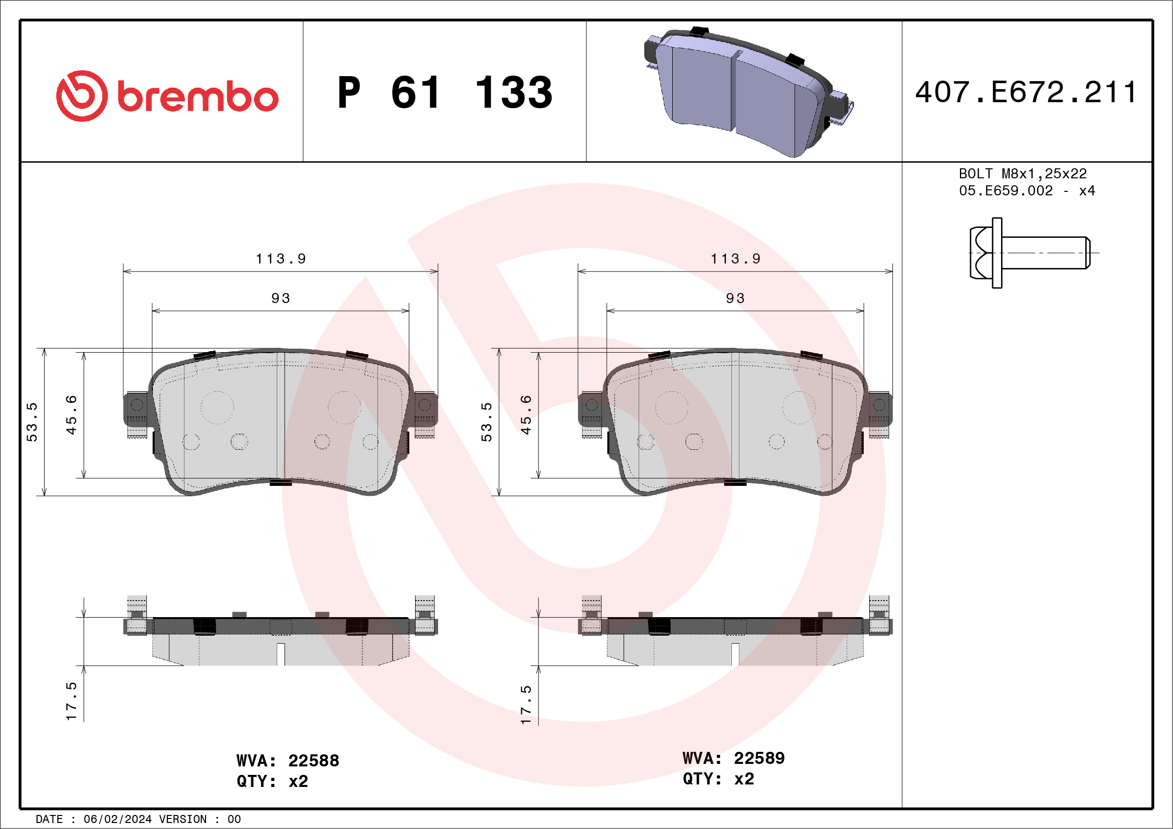 Brake Pad Set, disc brake - P 61 133 BREMBO