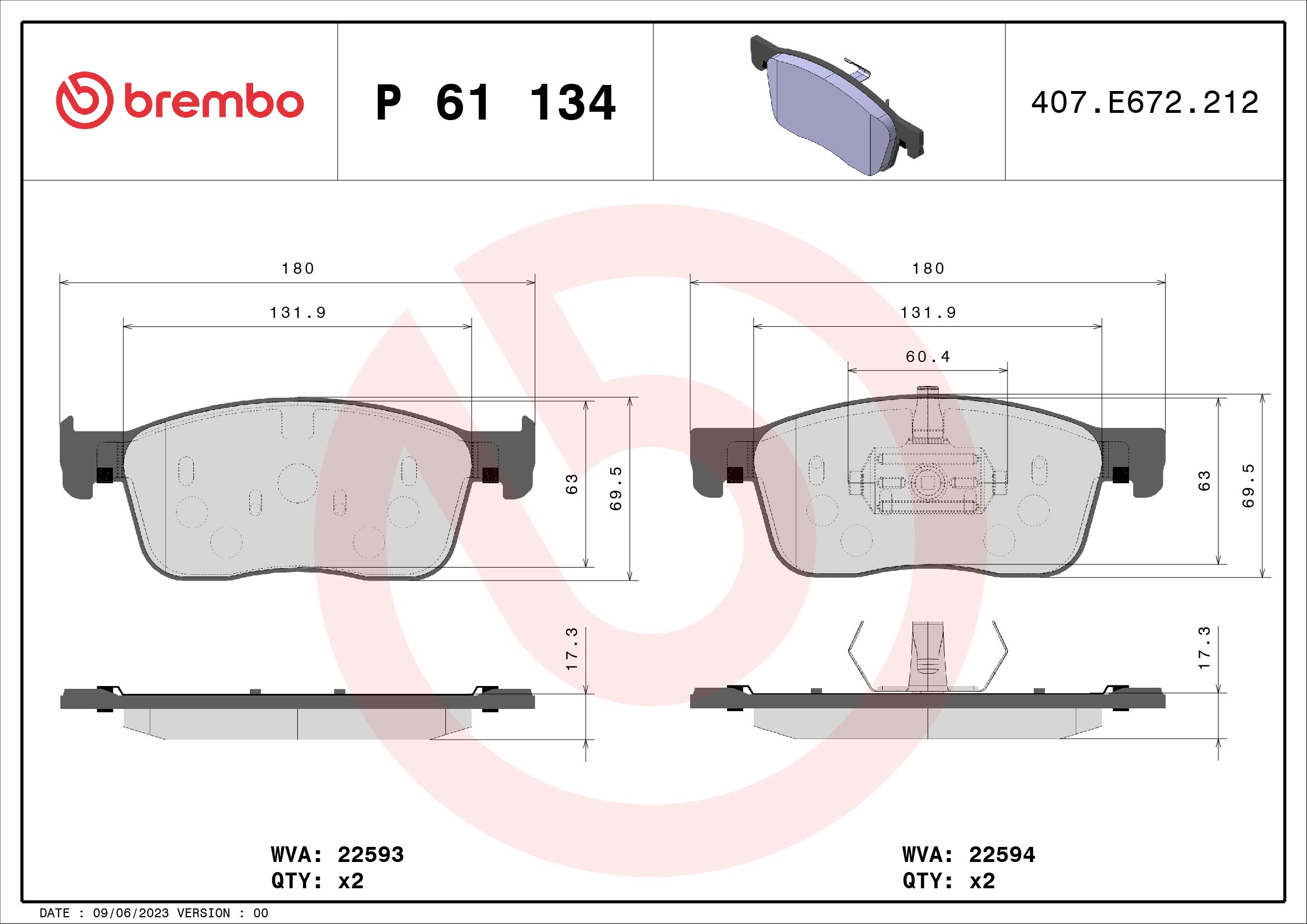Kit pastiglie freno, Freno a disco - P 61 134 BREMBO
