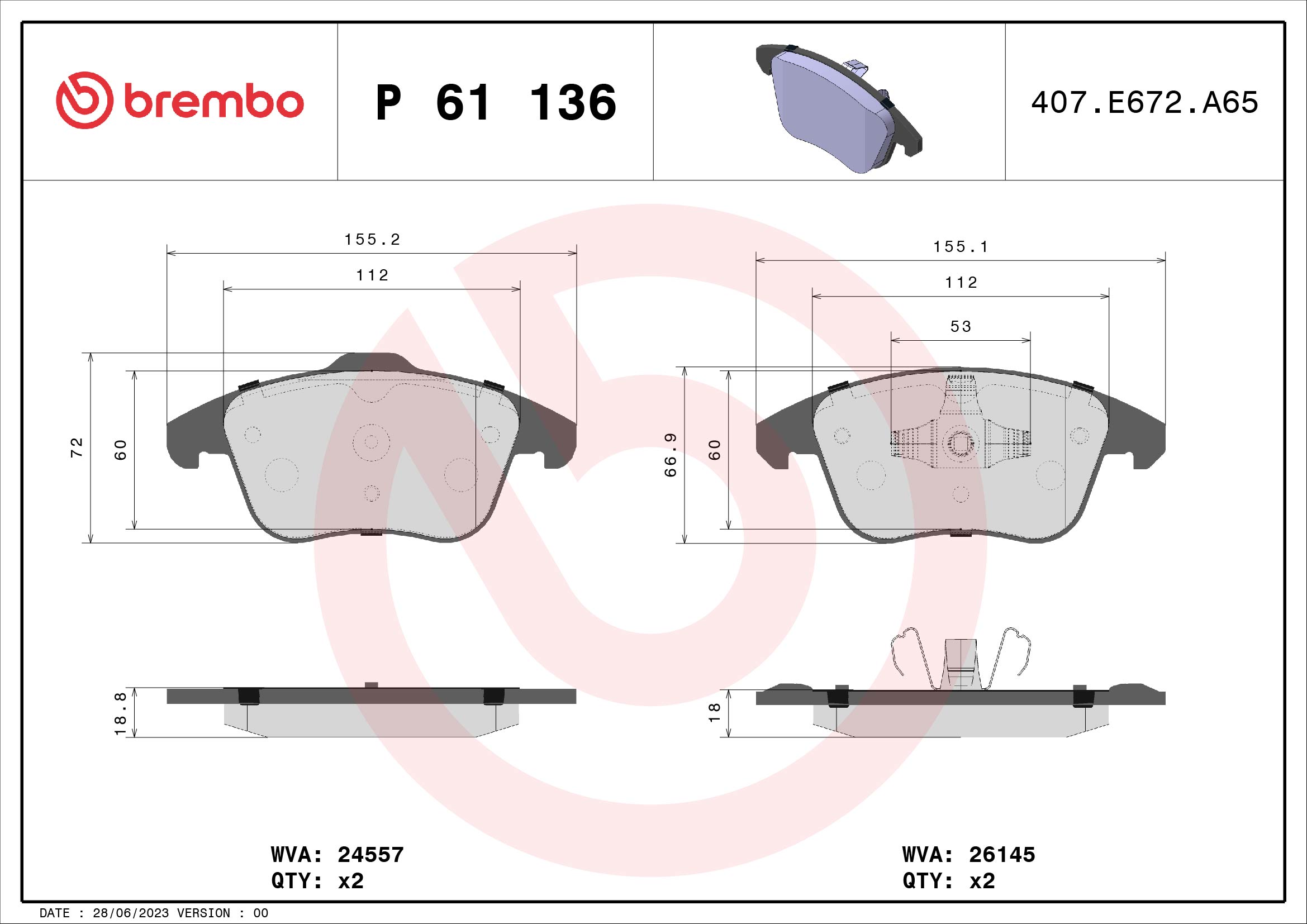 Комплект тормозных колодок, дисковый тормоз - P 61 136 BREMBO