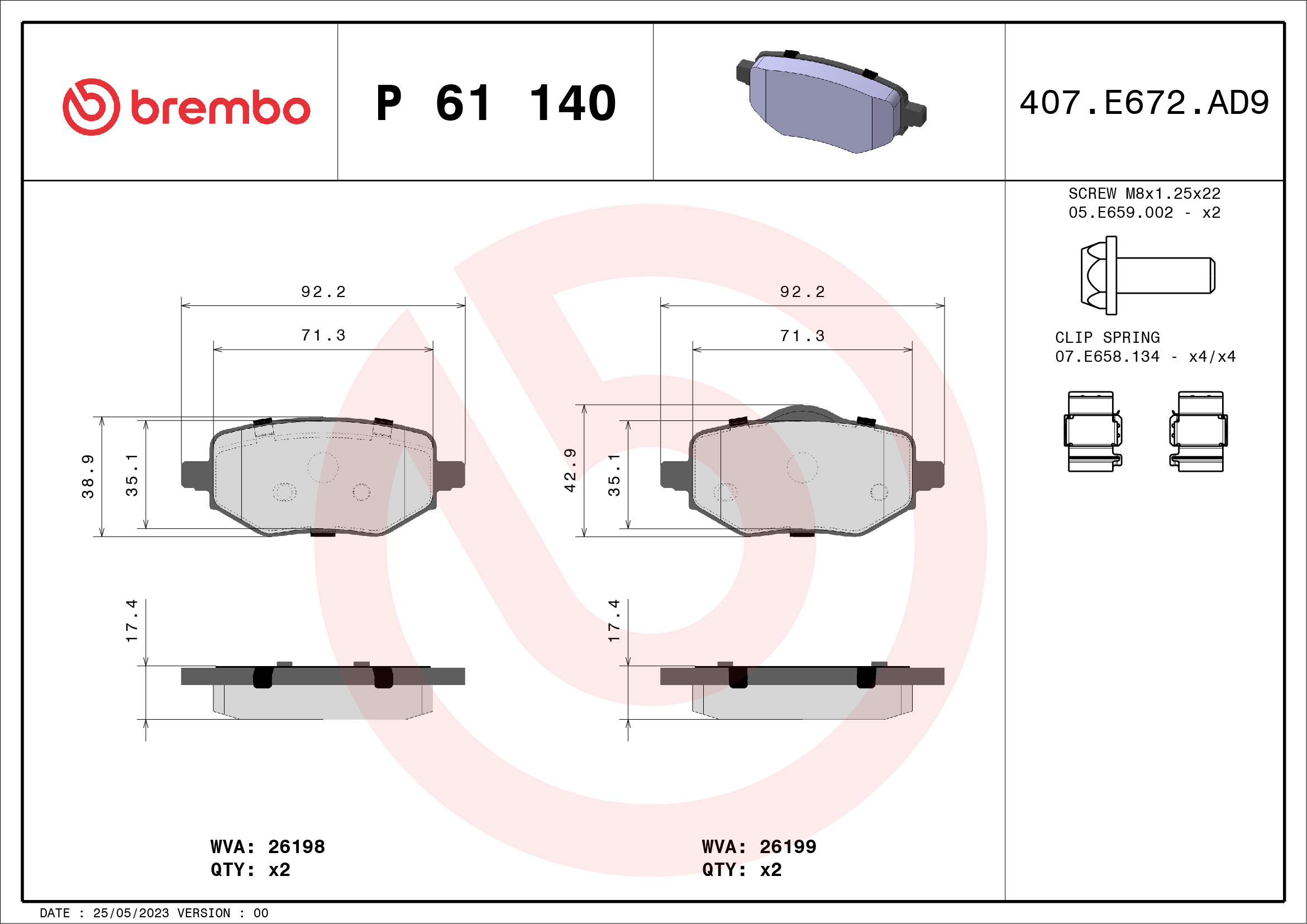 Brake Pad Set, disc brake - P 61 140 BREMBO