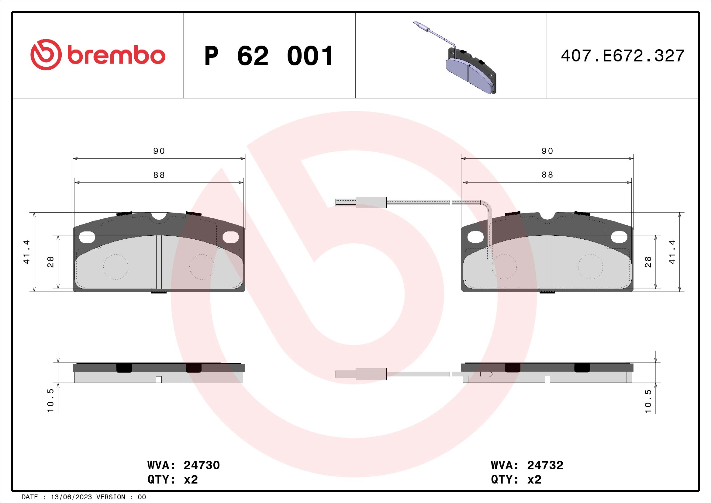 Brake Pad Set, disc brake - P 62 001 BREMBO