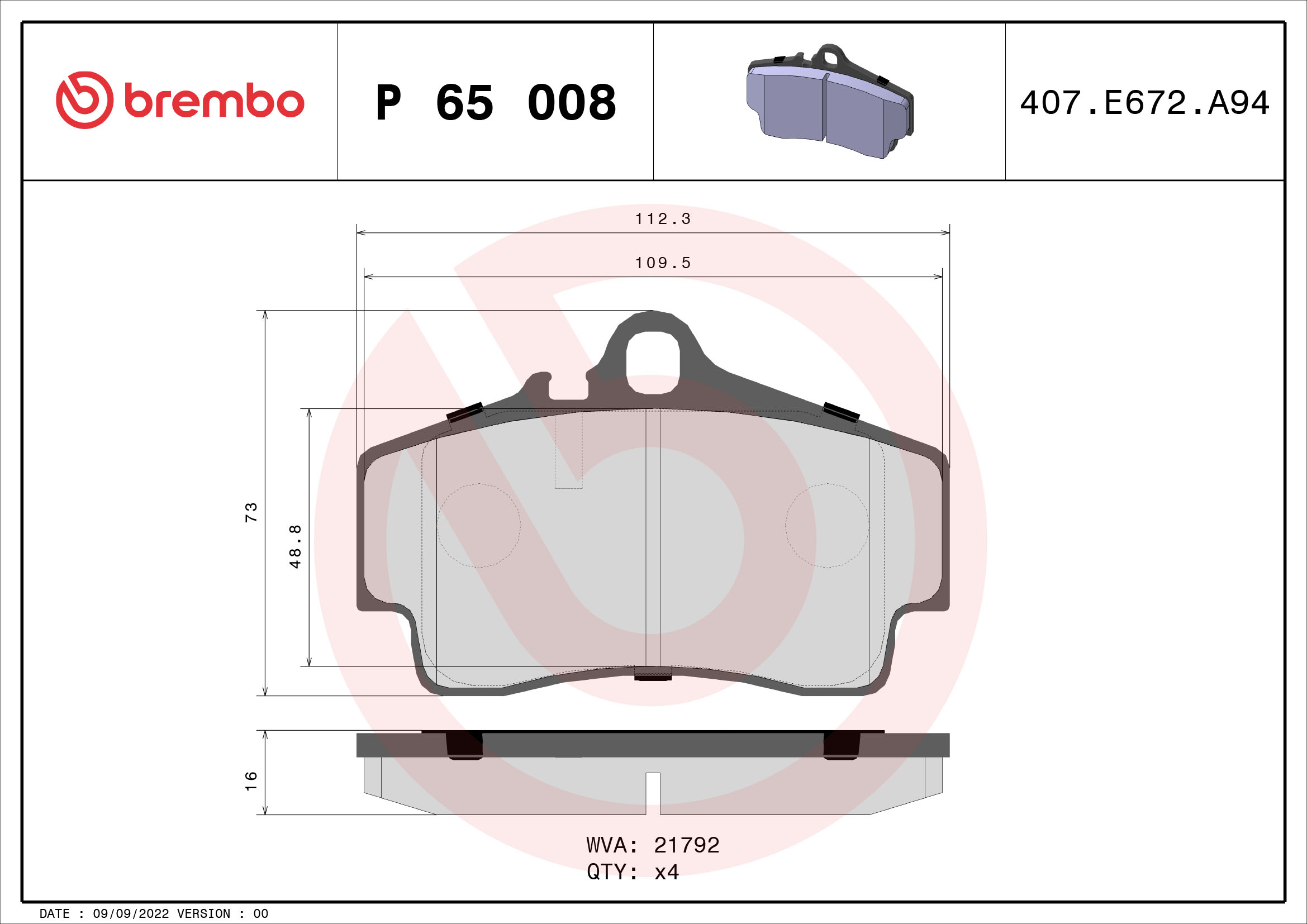 Brake Pad Set, disc brake - P 65 008 BREMBO