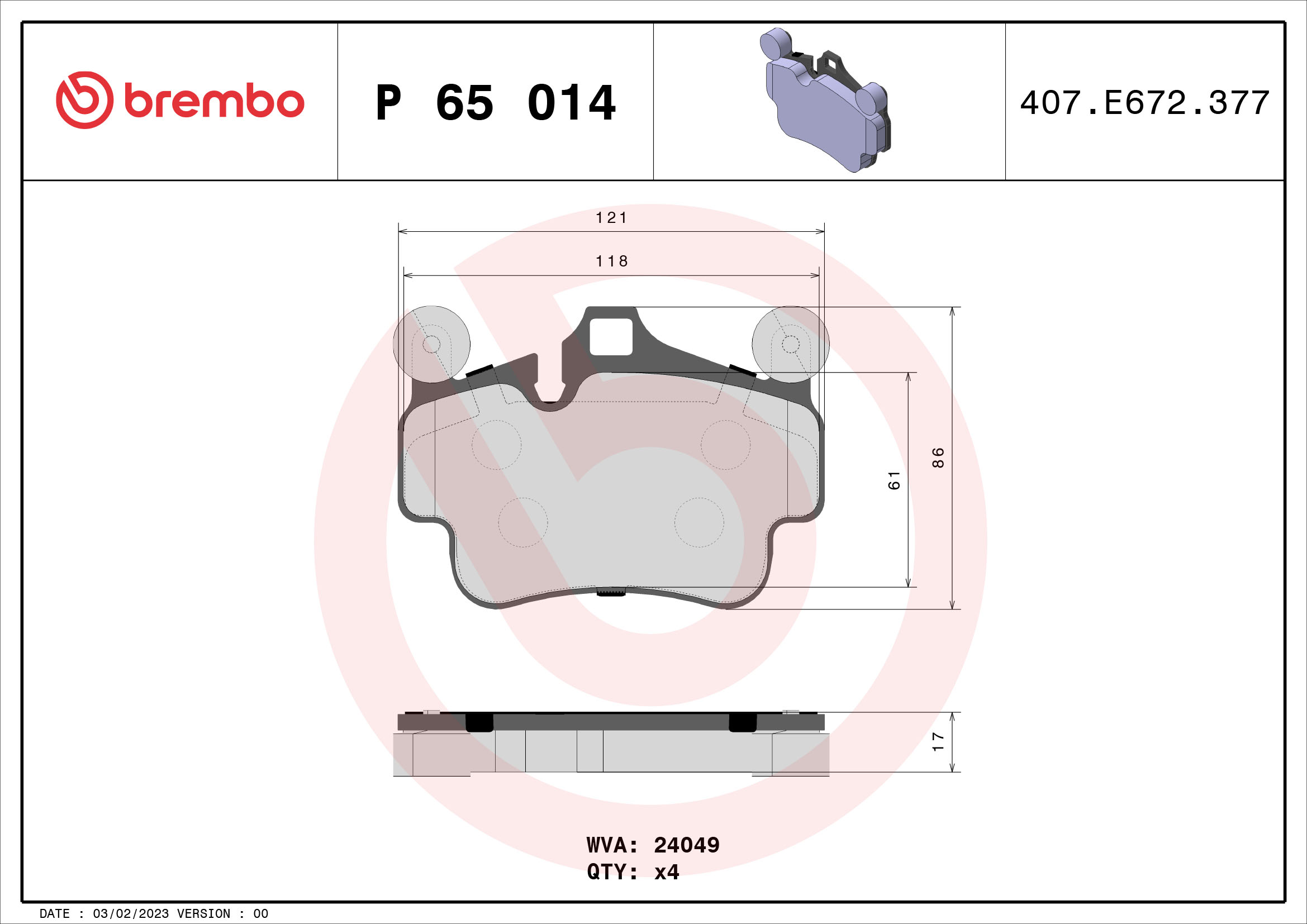 Комплект тормозных колодок, дисковый тормоз - P 65 014 BREMBO