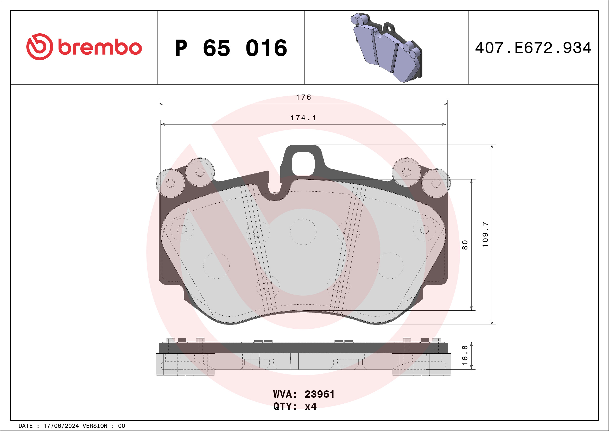 Brake Pad Set, disc brake - P 65 016 BREMBO
