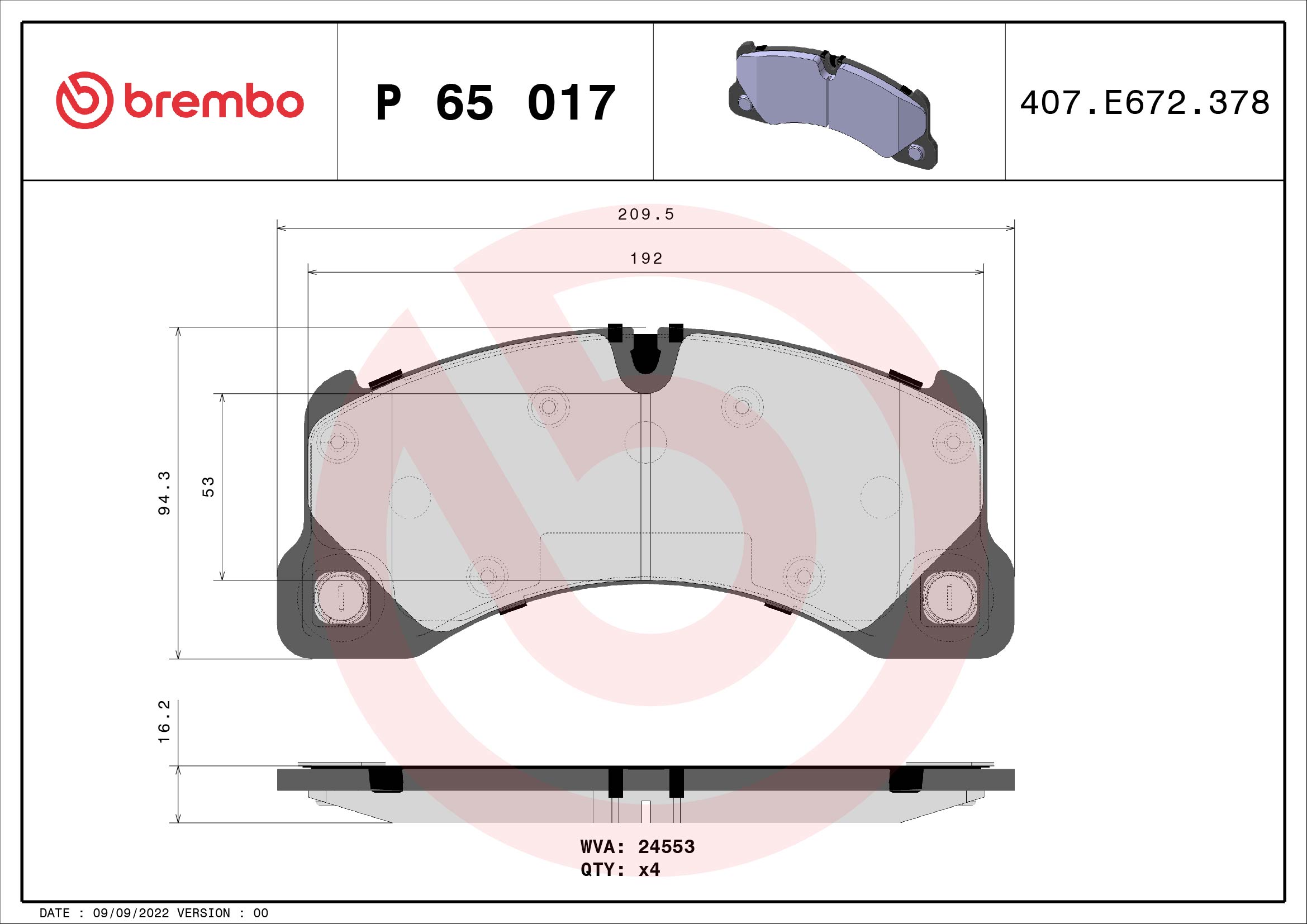 Brake Pad Set, disc brake - P 65 017 BREMBO