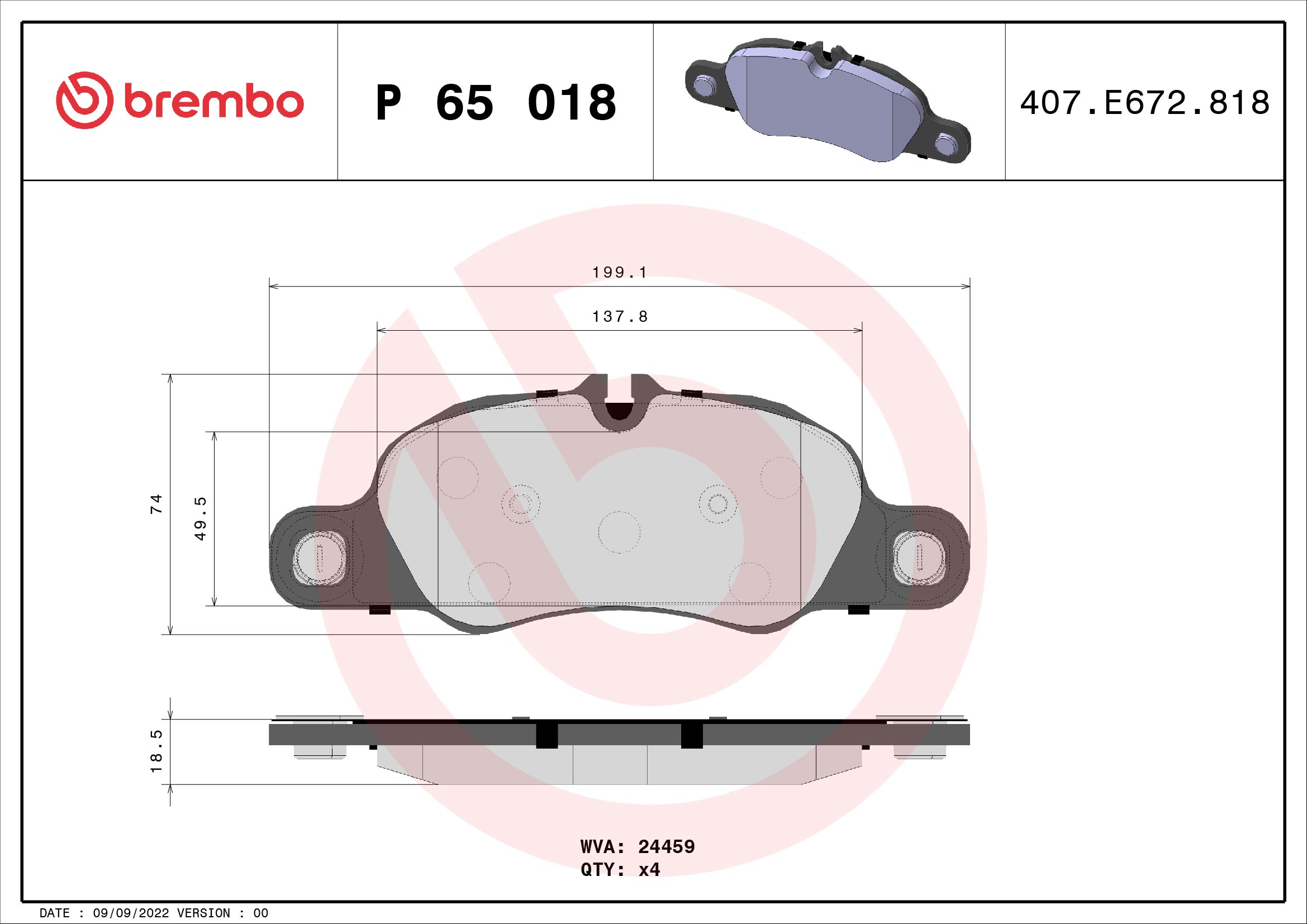 Brake Pad Set, disc brake - P 65 018 BREMBO