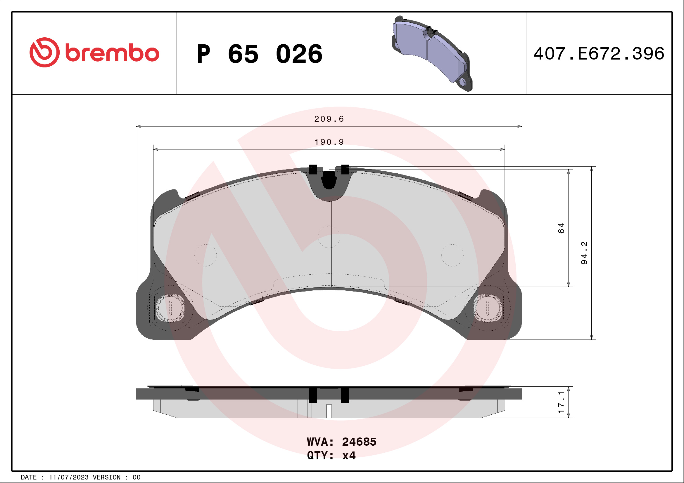 Brake Pad Set, disc brake - P 65 026 BREMBO