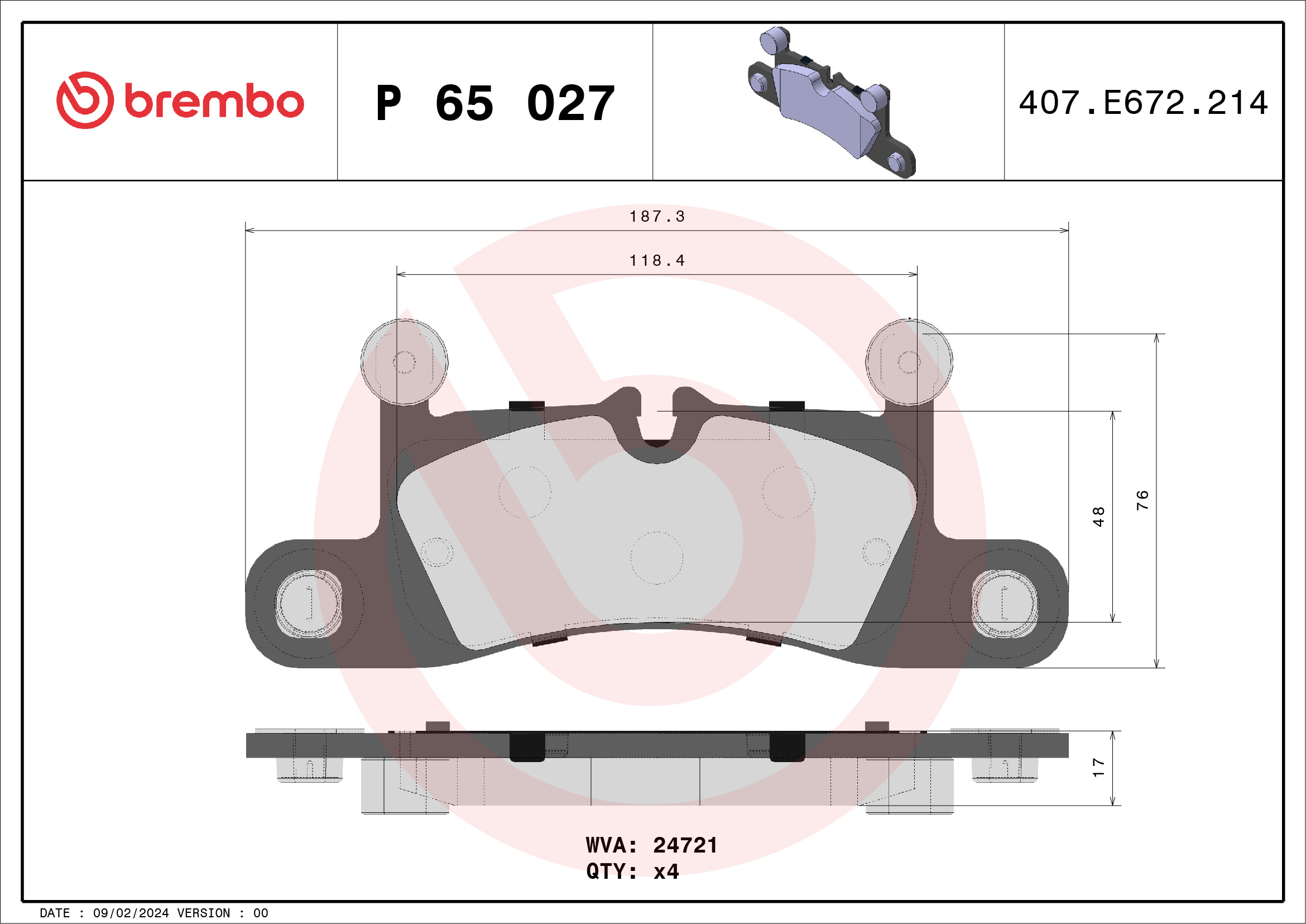 Brake Pad Set, disc brake - P 65 027 BREMBO