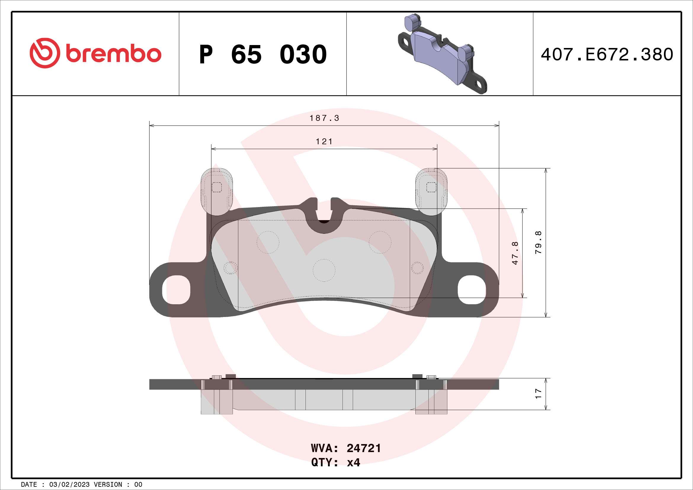 Brake Pad Set, disc brake - P 65 030 BREMBO