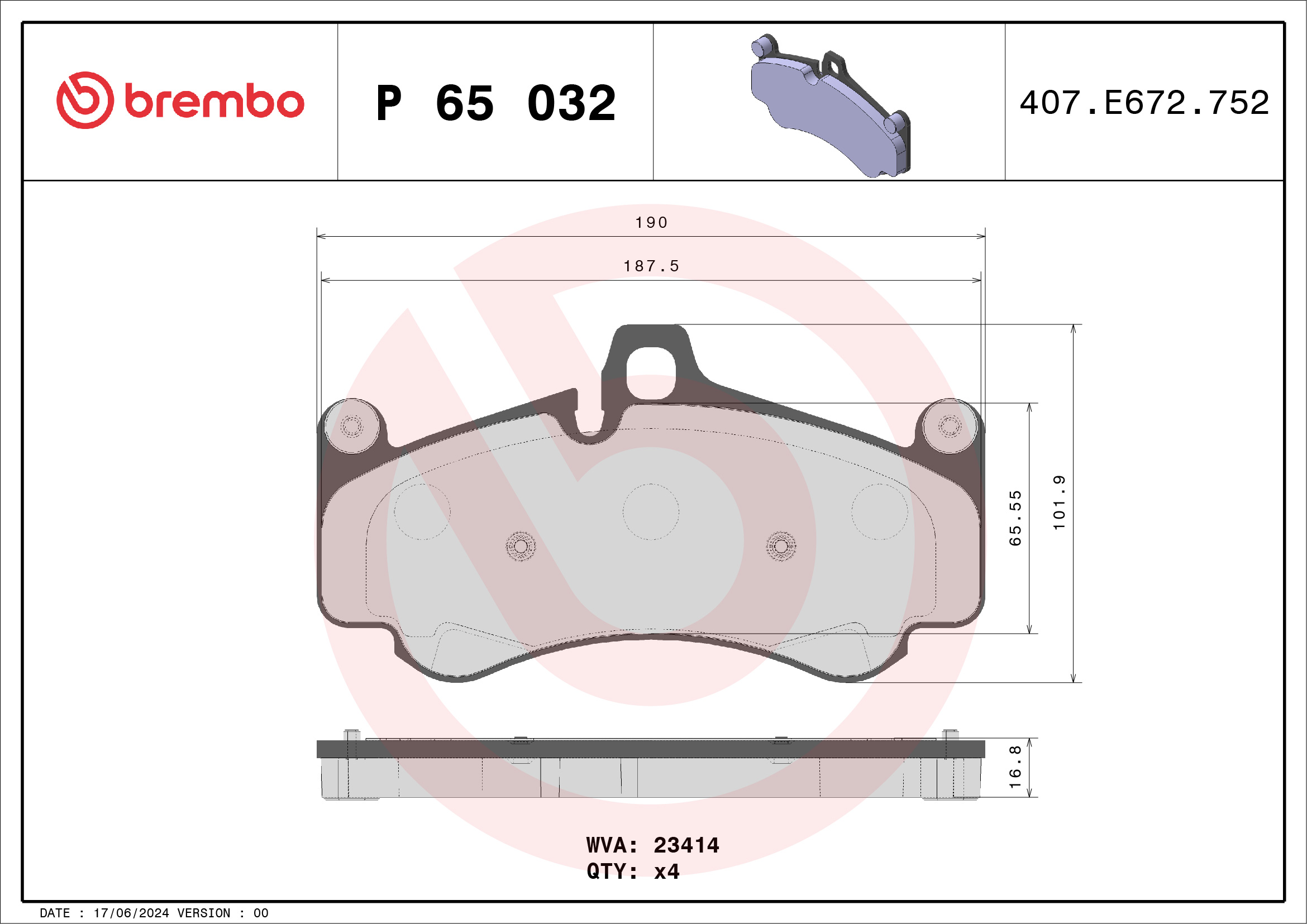 Brake Pad Set, disc brake - P 65 032 BREMBO