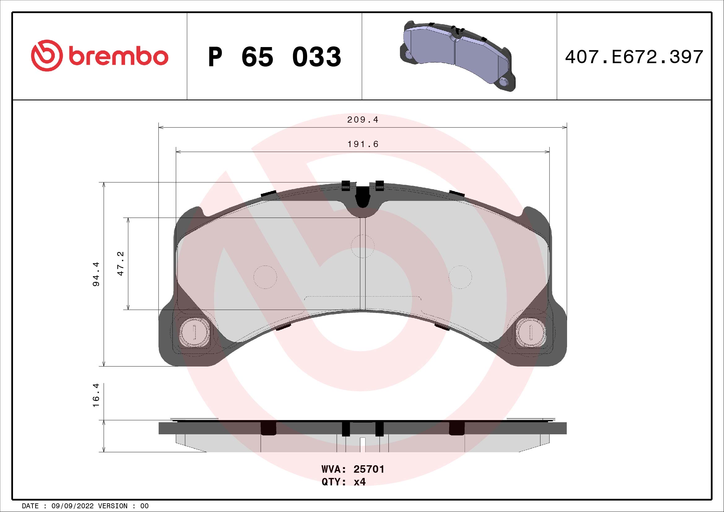 Brake Pad Set, disc brake - P 65 033 BREMBO