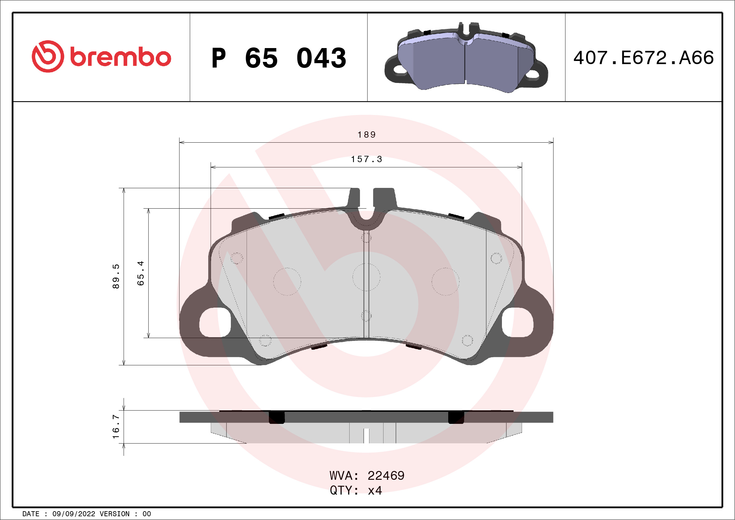 Brake Pad Set, disc brake - P 65 043 BREMBO