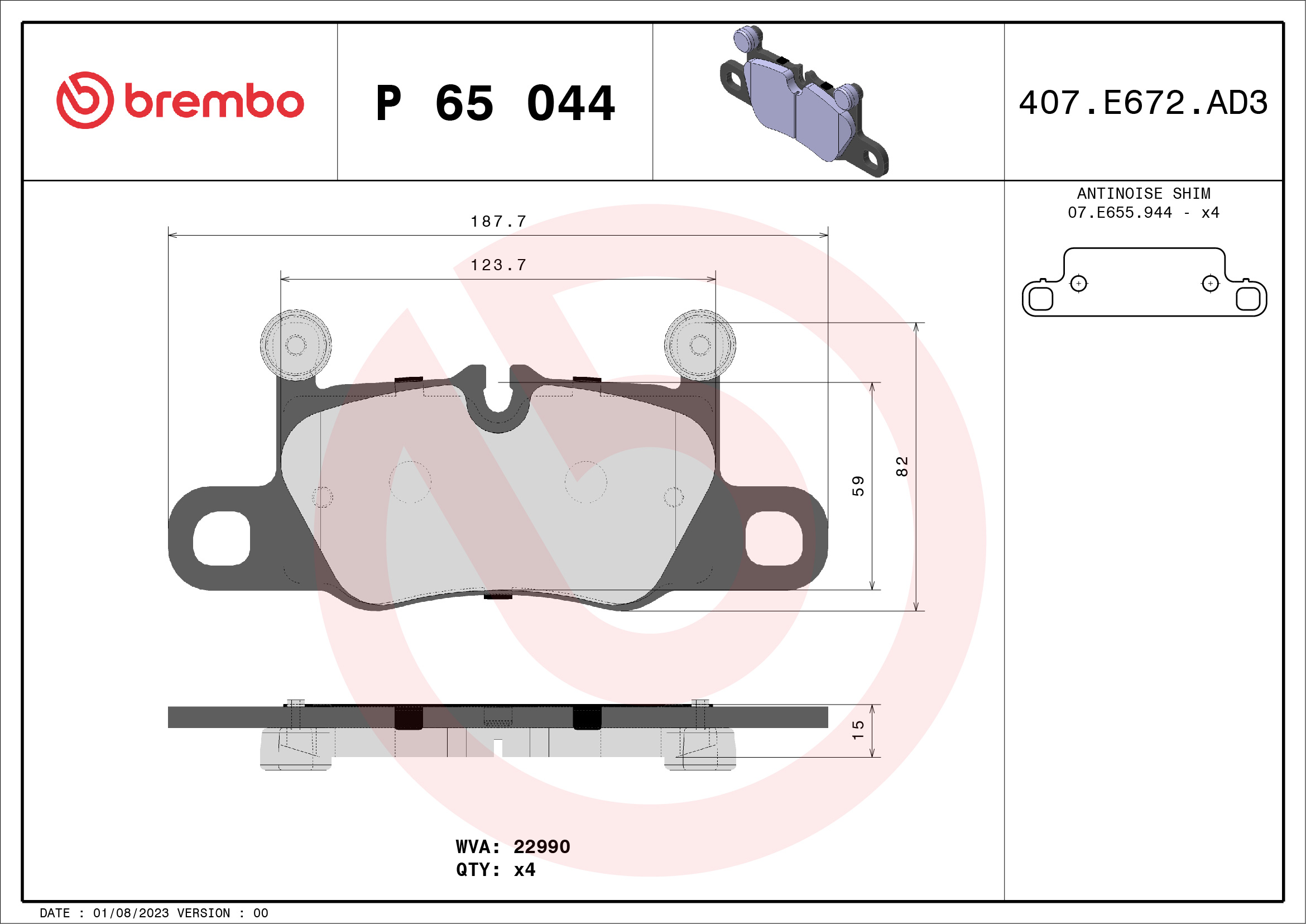 Brake Pad Set, disc brake - P 65 044 BREMBO