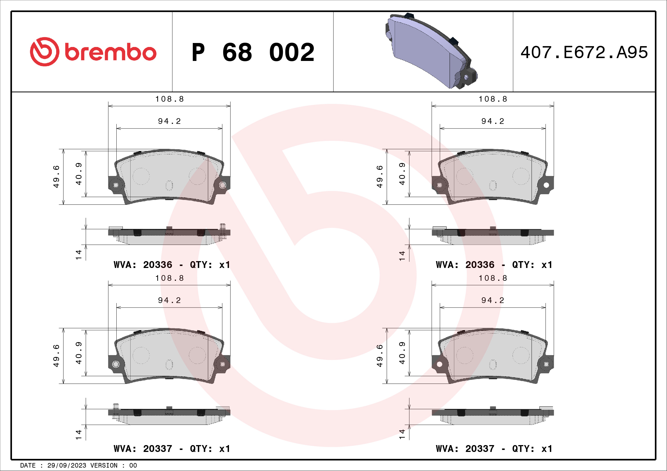 Brake Pad Set, disc brake - P 68 002 BREMBO