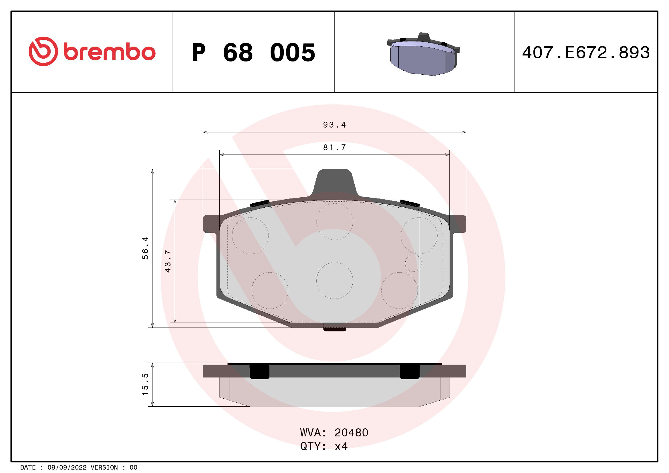 Brake Pad Set, disc brake - P 68 005 BREMBO