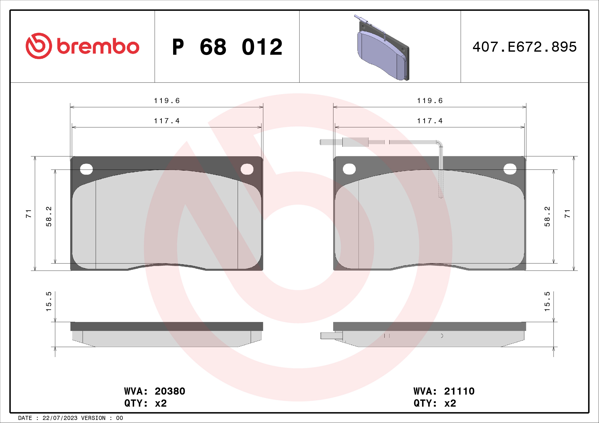 Brake Pad Set, disc brake - P 68 012 BREMBO