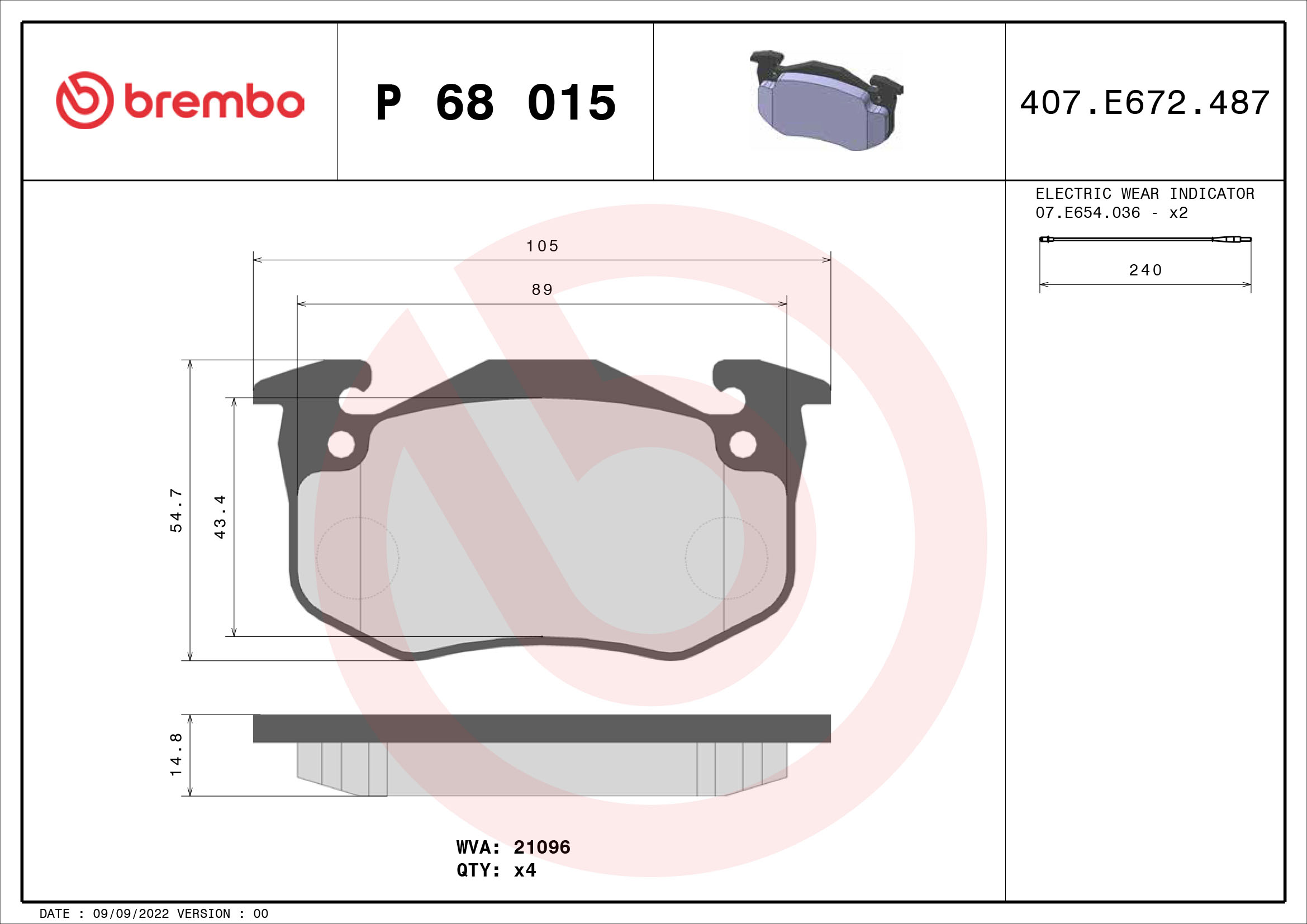 Bremsbelagsatz, Scheibenbremse - P 68 015 BREMBO