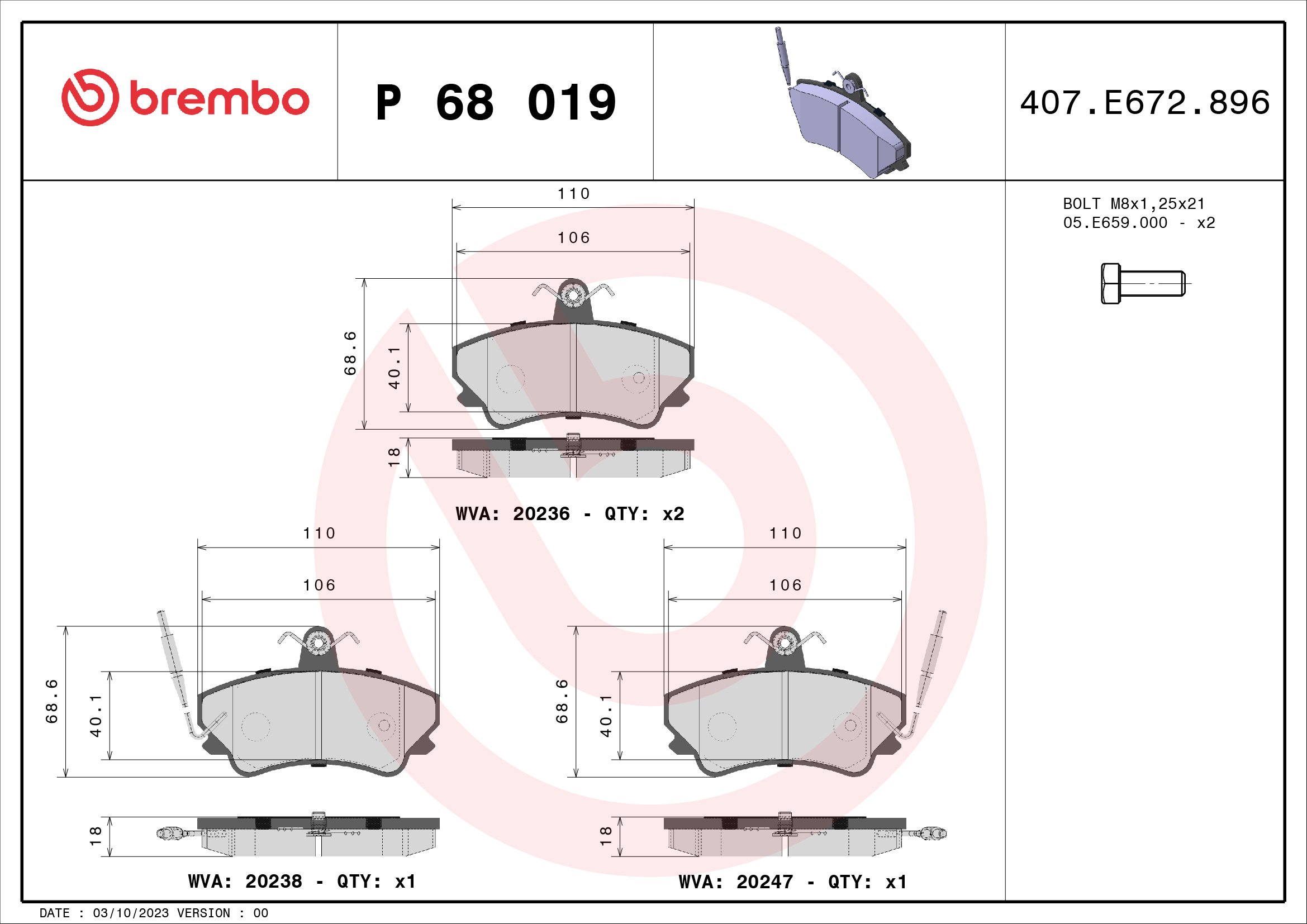 Комплект тормозных колодок, дисковый тормоз - P 68 019 BREMBO