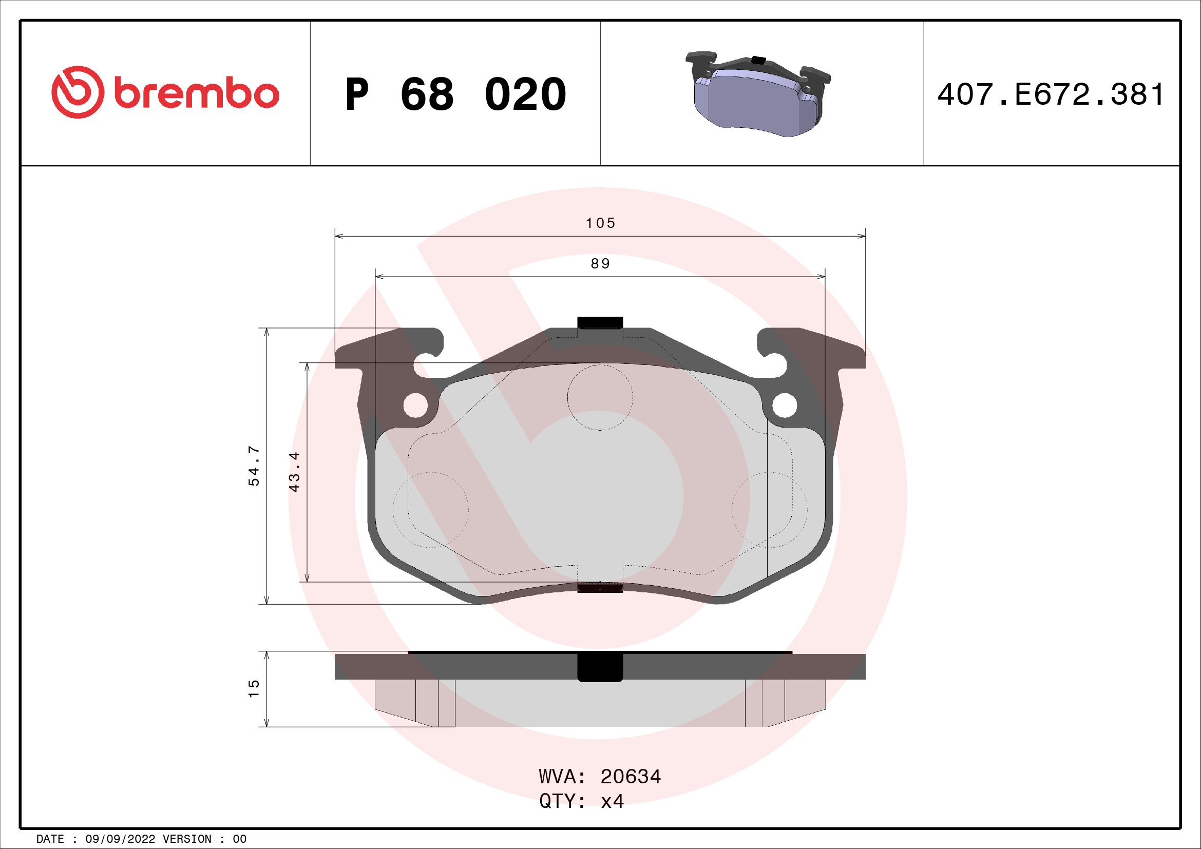 Brake Pad Set, disc brake - P 68 020 BREMBO