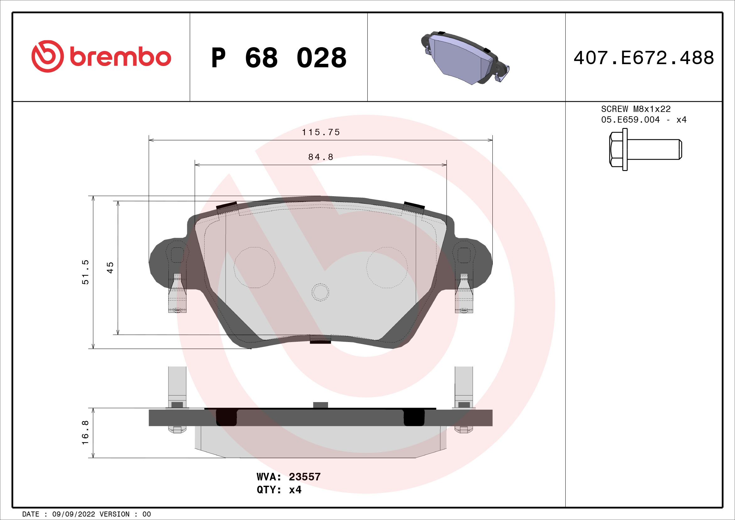 stabdžių trinkelių rinkinys, diskinis stabdys - P 68 028 BREMBO