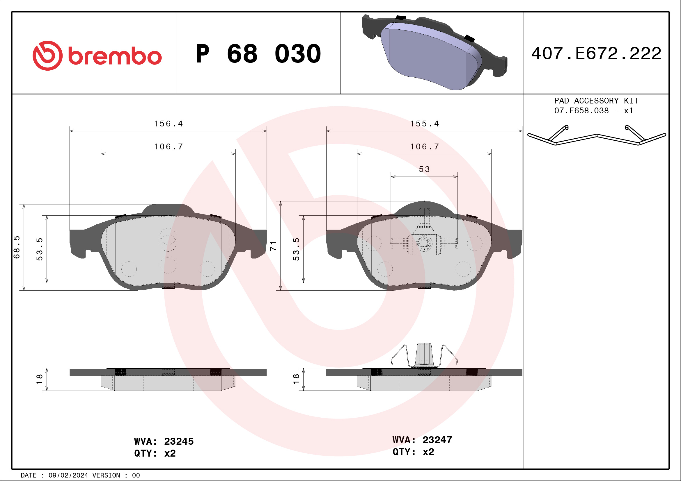 Brake Pad Set, disc brake - P 68 030 BREMBO