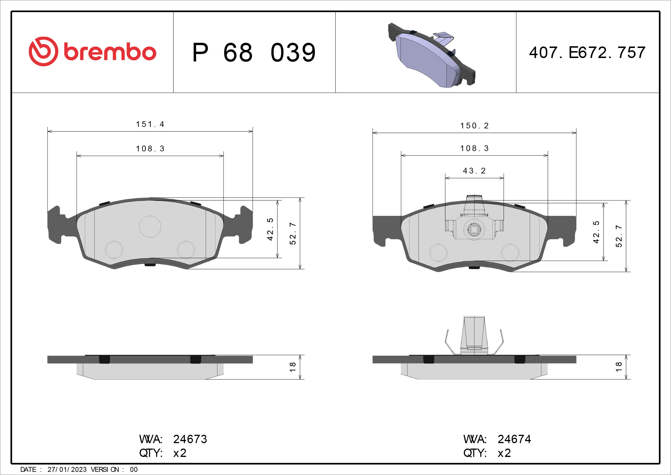 Brake Pad Set, disc brake - P 68 039 BREMBO