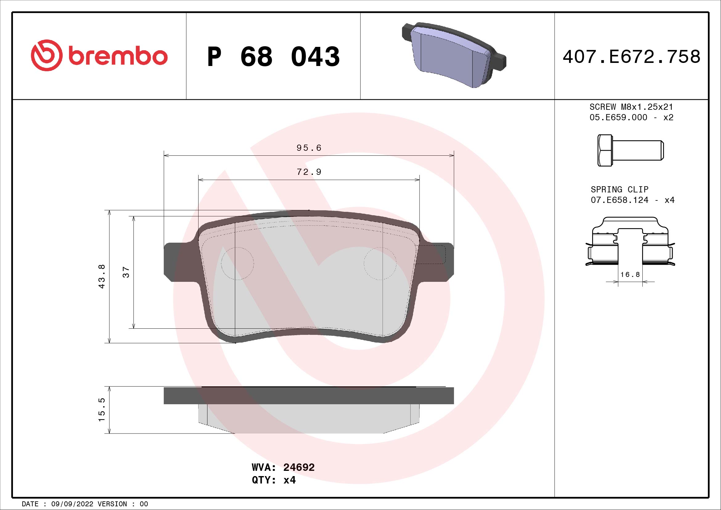 Brake Pad Set, disc brake - P 68 043 BREMBO