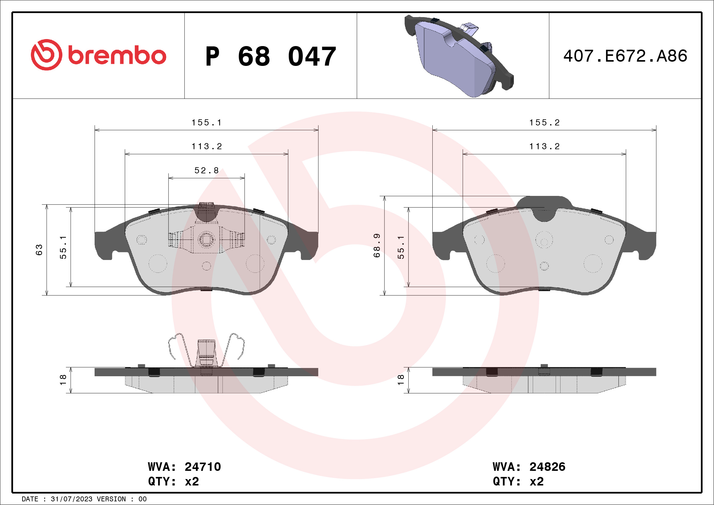 Brake Pad Set, disc brake - P 68 047 BREMBO