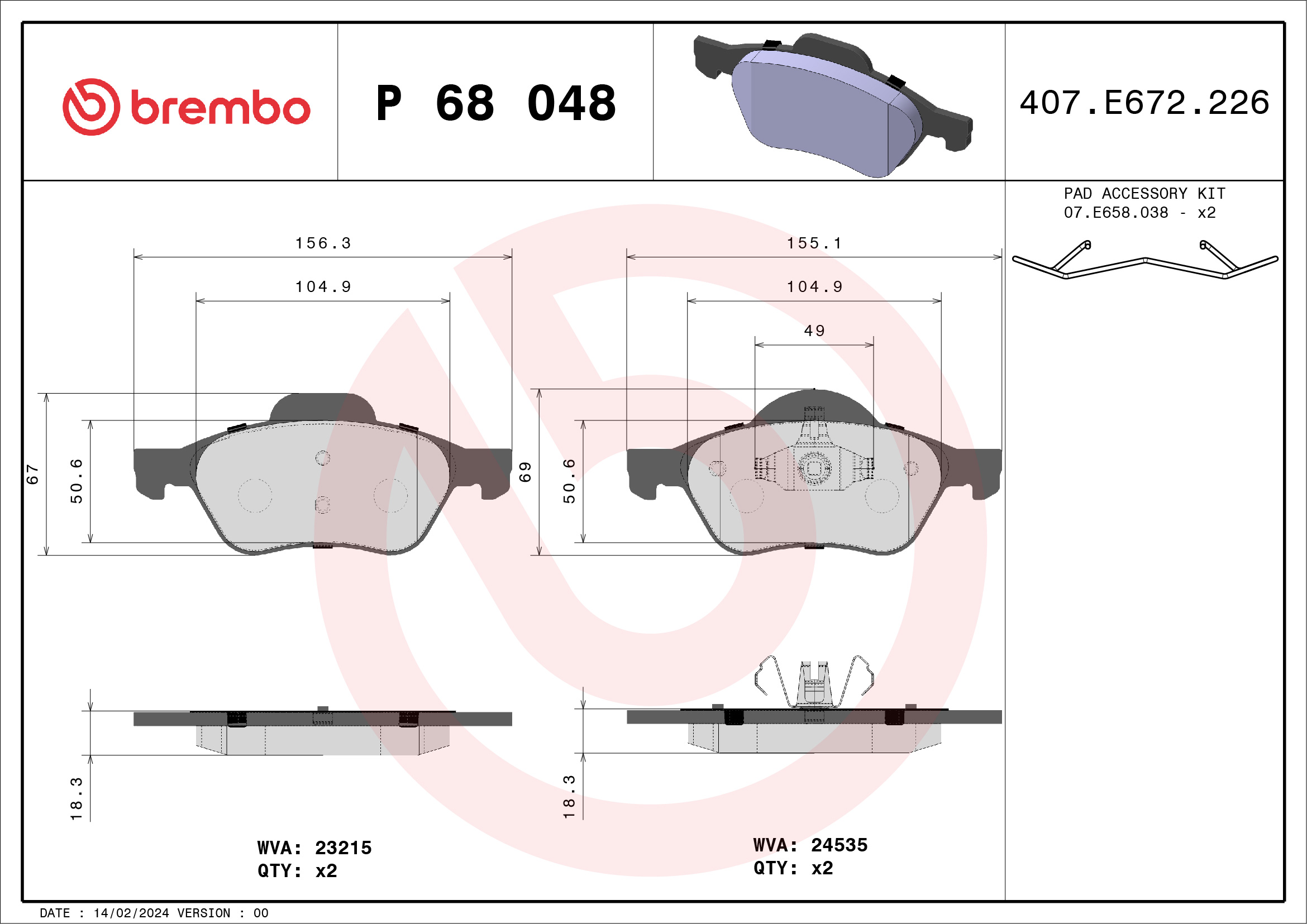 Brake Pad Set, disc brake - P 68 048 BREMBO