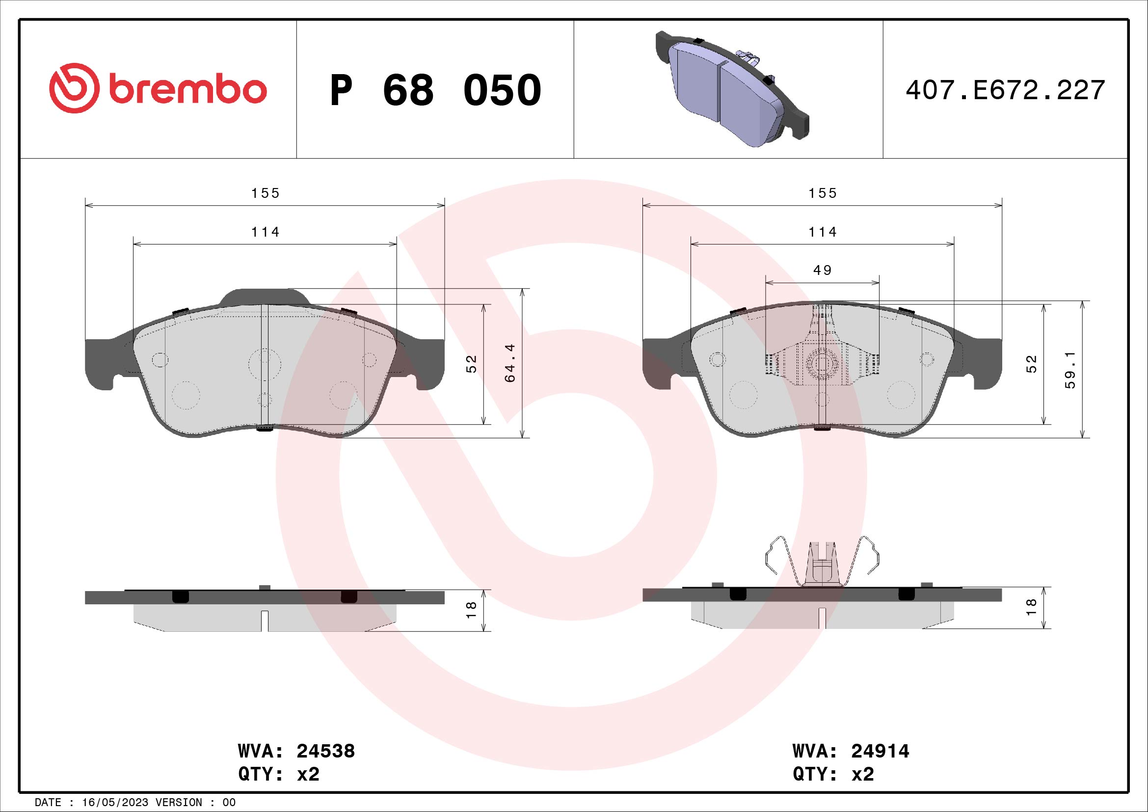 stabdžių trinkelių rinkinys, diskinis stabdys - P 68 050 BREMBO